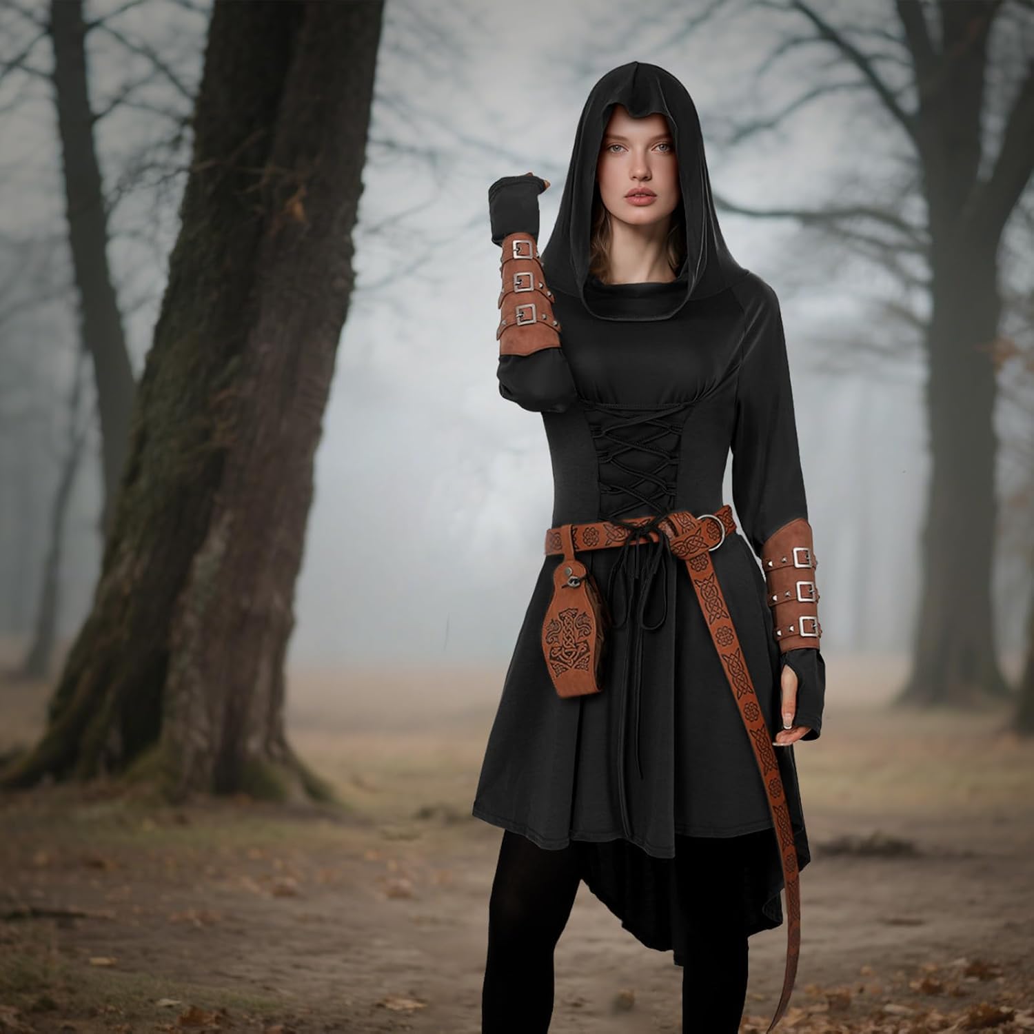 7PCS Women Medieval Fairy Costume Renaissance Elf Hooded Dress Leather Arm Pouch Belt Halloween Cosplay Outfit - Image 6