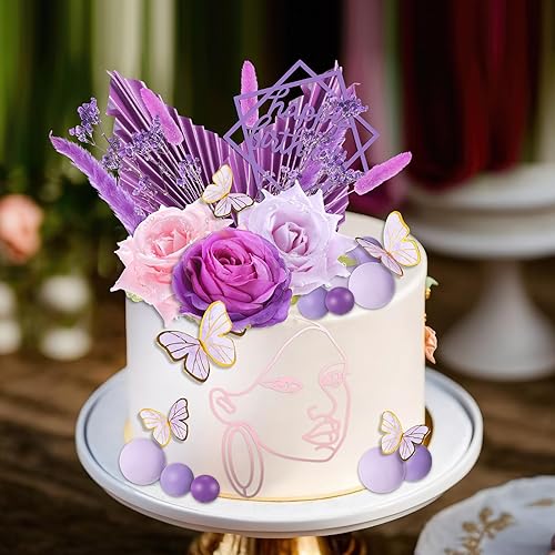 Miniatura 39 de MTLEE 51 piezas de decoración bohemia rosa para tartas de oro rosa, decoración de flores de pastel de feliz cumpleaños, decoración de pastel