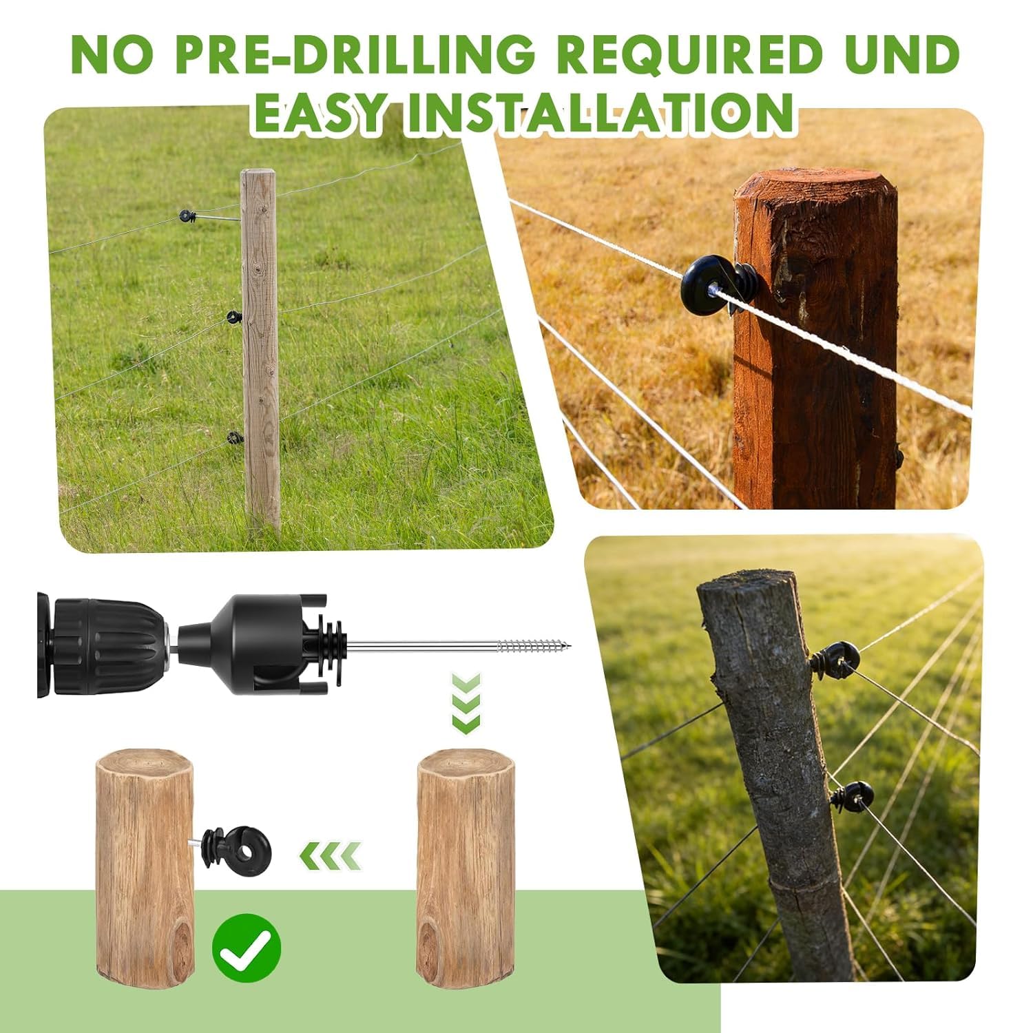 100 Piezas Aisladores de Valla Eléctrica, 150mm Aisladores de Rosca para Postes, Aislantes de Anillo con Llave de Tubo, para postes de madera, cercas de animales y pastoreo (Negro)
