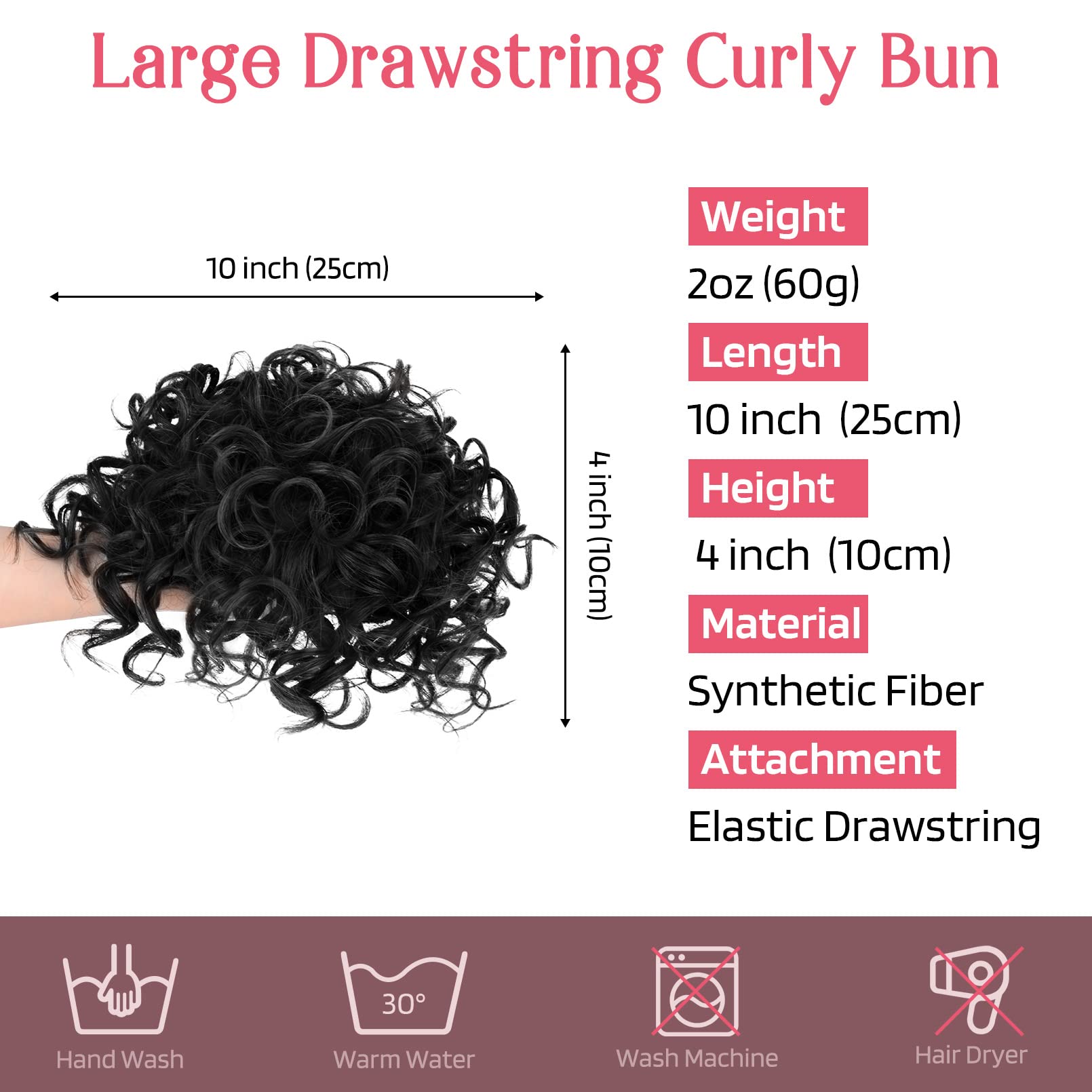 HOOJIH 1PCS Messy Hair Bun Hair Piece Elastic Drawstring Loose Wave Large Curly Bun 65 Gram Short Synthetic Ponytail Extension Hair Bun Extension for Women Daily Use - Natural Black