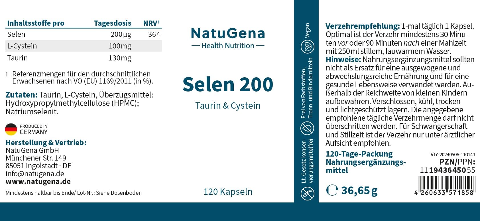 NatuGena Selen 200, Taurin, 100 mg L-Cystein pro Kapsel, vegan, laktose- und glutenfrei, 120 Kapseln
