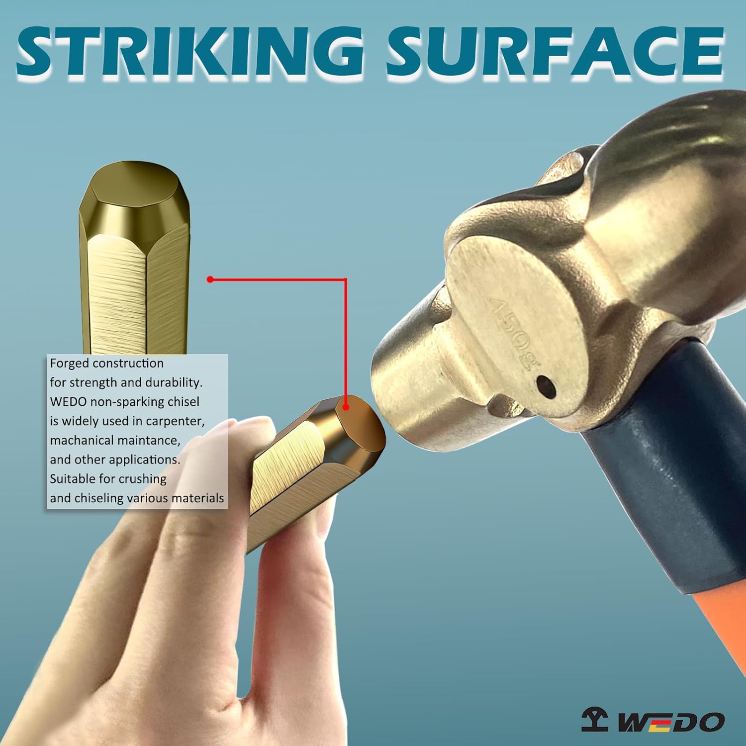 WEDO Non-sparking Cape Chisel, Spark-free Safety Cape Chisel, Industrial-grade, Aluminum Bronze, DIN Standard, BAM & FM Certificate, 20x200x8mm