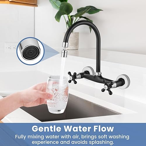 Vista 20 de Airuida Grifo de cocina de montaje en pared con rociador, grifo de fregadero de cocina montado en la pared, asas dobles cruzadas, boquilla giratoria
