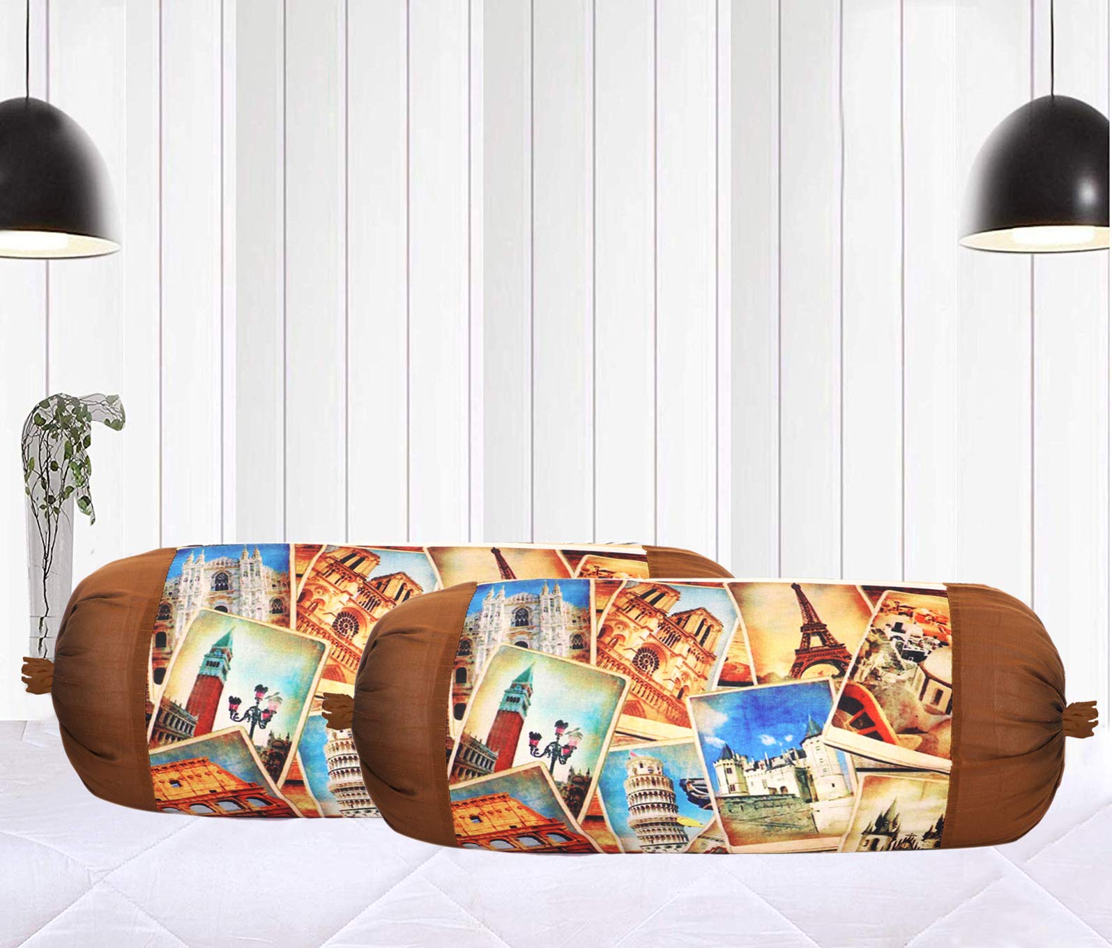 Kuber Industries Tourism Place Design Design Cotton 2 Pieces Bolster Cover Set (Gold)