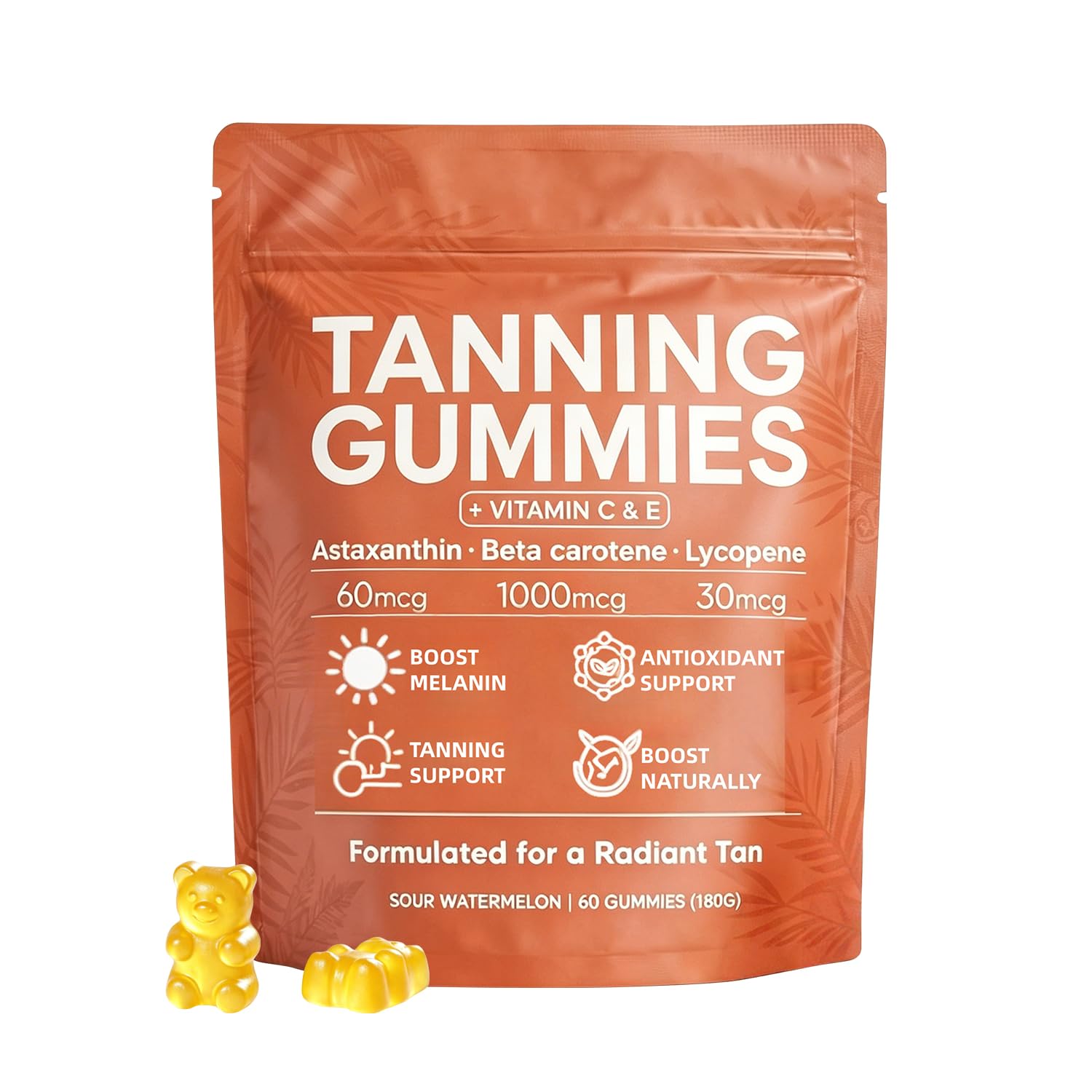 Skin Tanning Gummies, Best Tanning Gummies Natural Looking Glow, Bronzing, Radiant Healthy Skin, for Natural Bronze Glow for Women that Work Fast Without Sun 60 Gummies