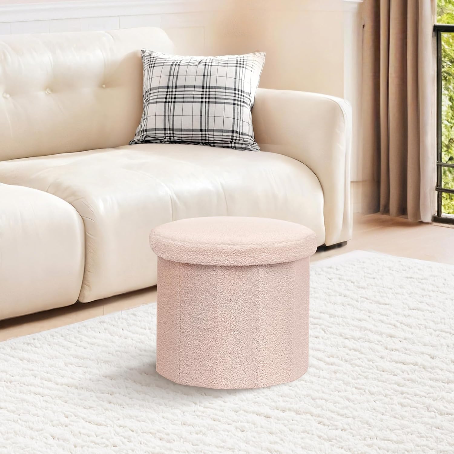 PINPLUS Round Storage Ottoman Cube Footrest - Versatile Boucle & Faux Teddy Fur with Hidden Compartment for Living Room, Dorm, Bedroom - Pink, 15"x15"x13.2"