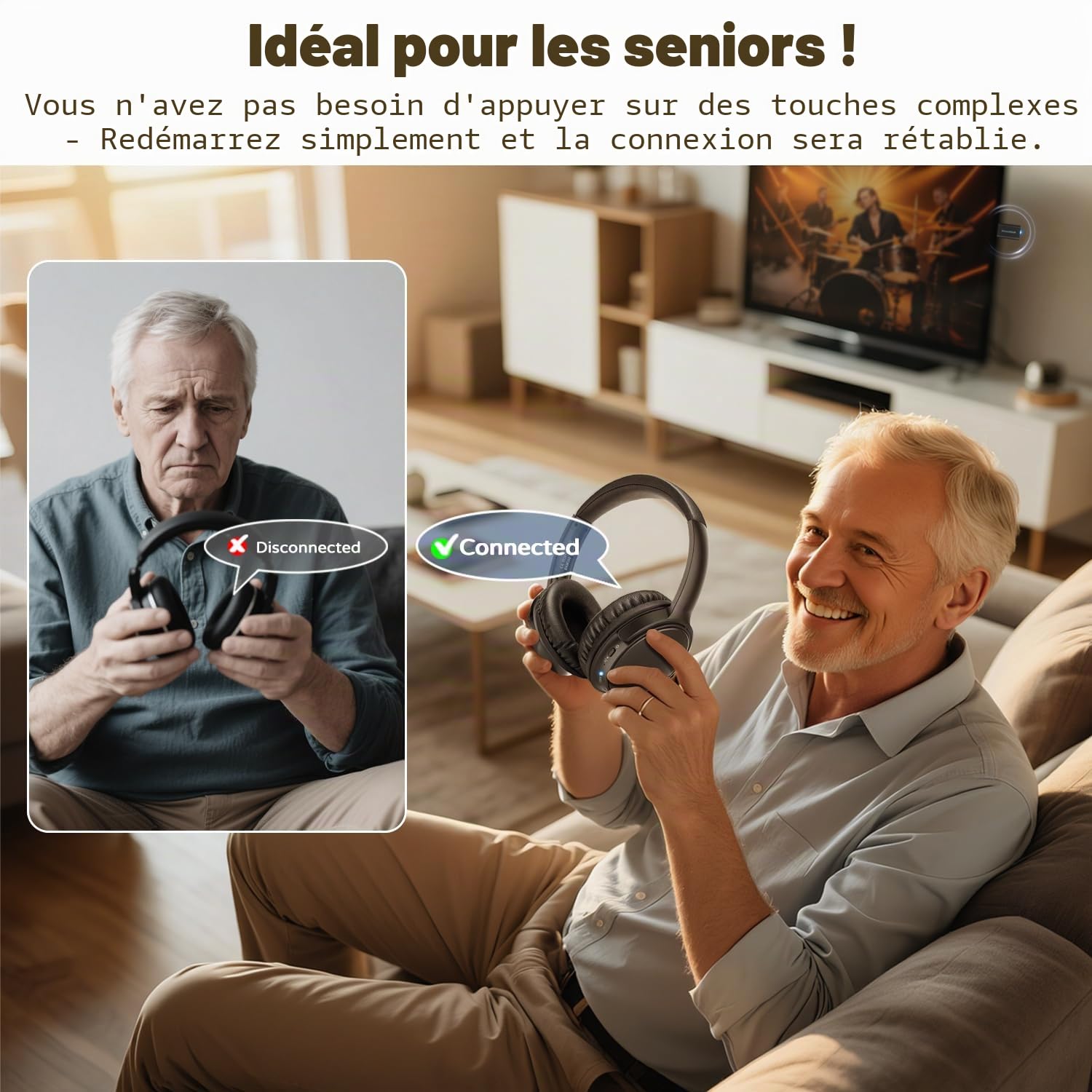 Holdsound Casque TV sans Fil pour Personnes Âgées, Noir Brillant