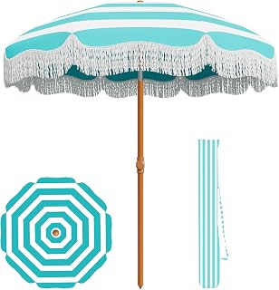 AreShark 7ft Patio Umbrella with Fringe, UPF50+ Beach Umbrella for Table, Pool & Garden, Portable Outdoor Tassels Umbrella w/Fiberglass Ribs&Push Bottom Tilt(Blue and White Stripe)
