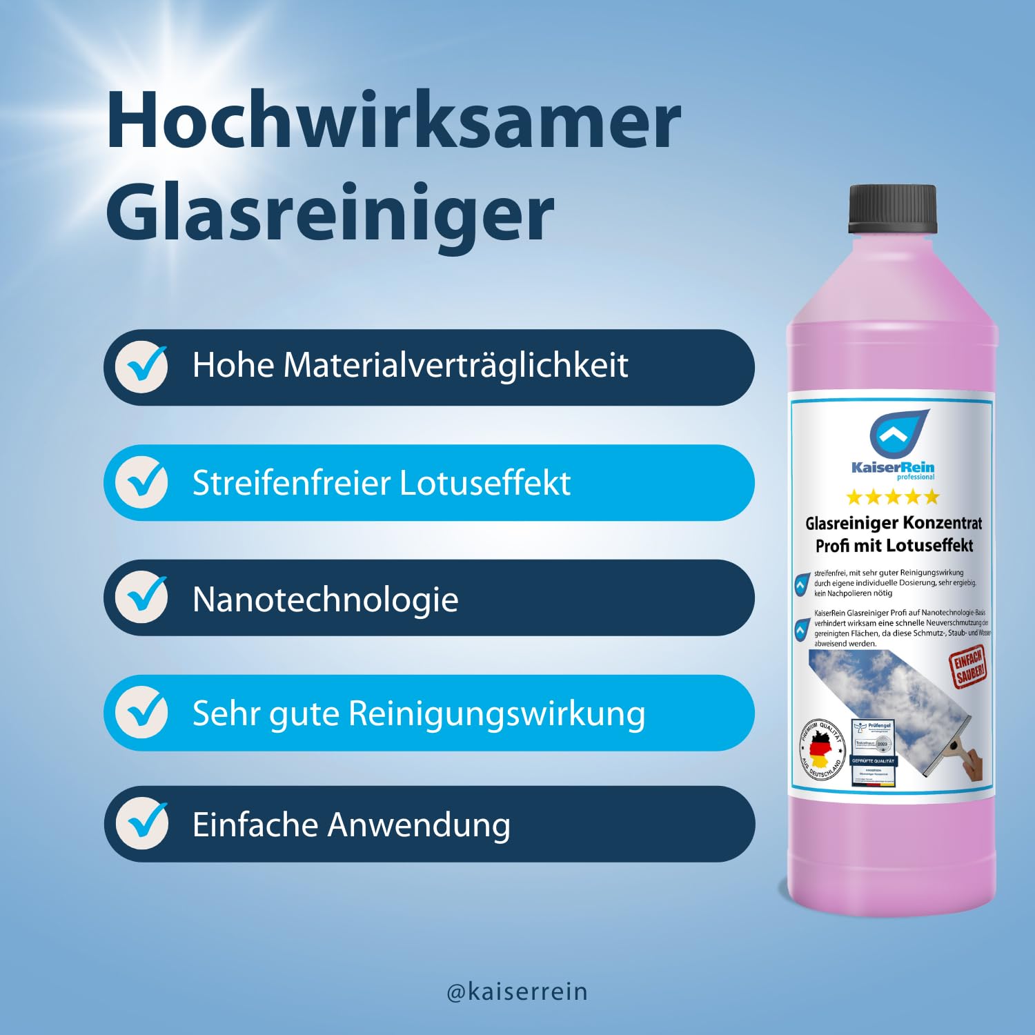 KaiserRein Glasreiniger Konzentrat mit Lotuseffekt 10L - Professioneller Fensterreiniger für streifenfreien Glanz auf Glas, Fenstern und Spiegeln - Fenstersauger geeignet