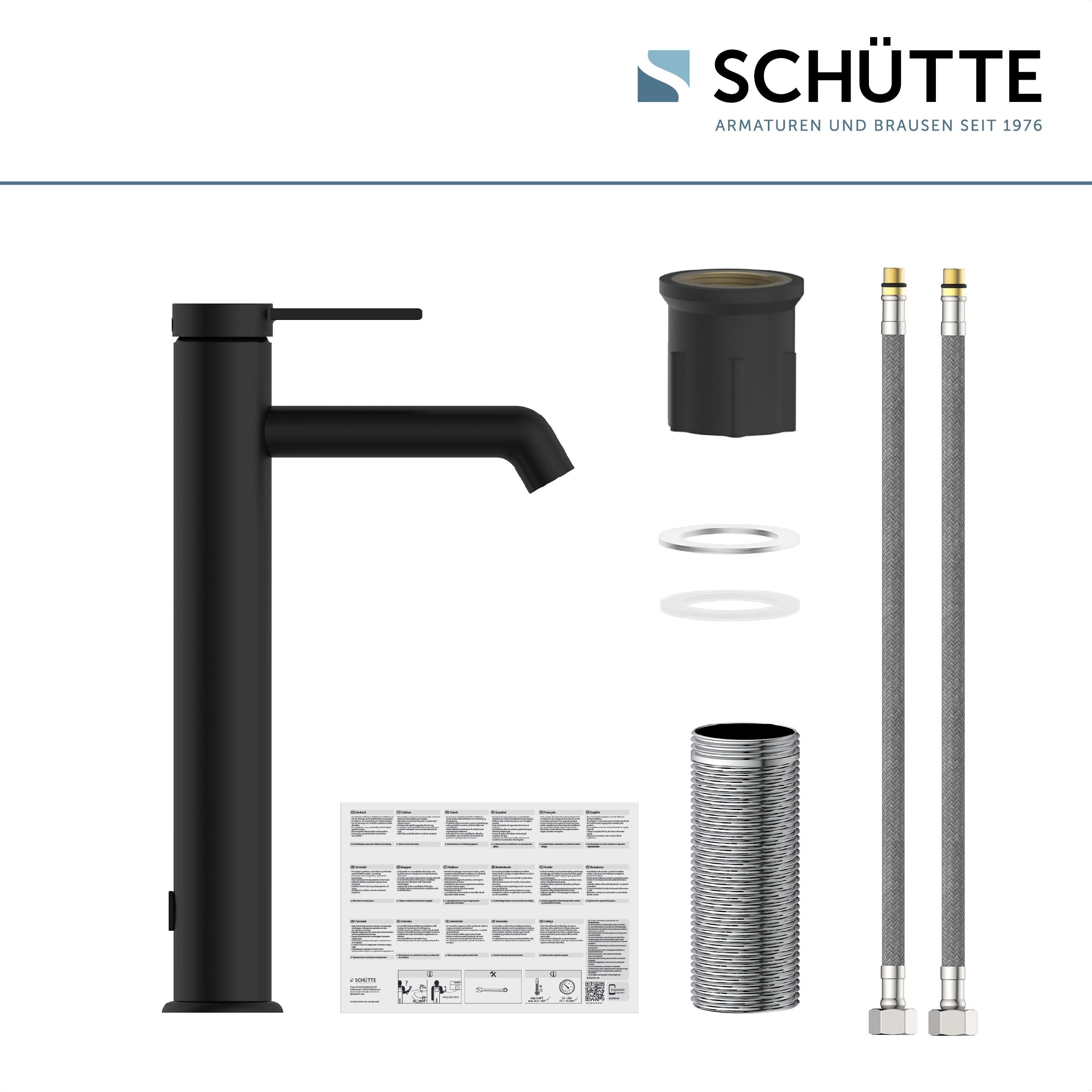 SCHÜTTE Waschtischarmatur für Aufsatzwaschbecken LOS ANGELES 33116, Wasserhahn Bad hoher Auslauf, hohe Armatur Badezimmer, Einhebelmischer Bad Auslauf Höhe 225 mm, Mischbatterie Waschbecken, Schwarz