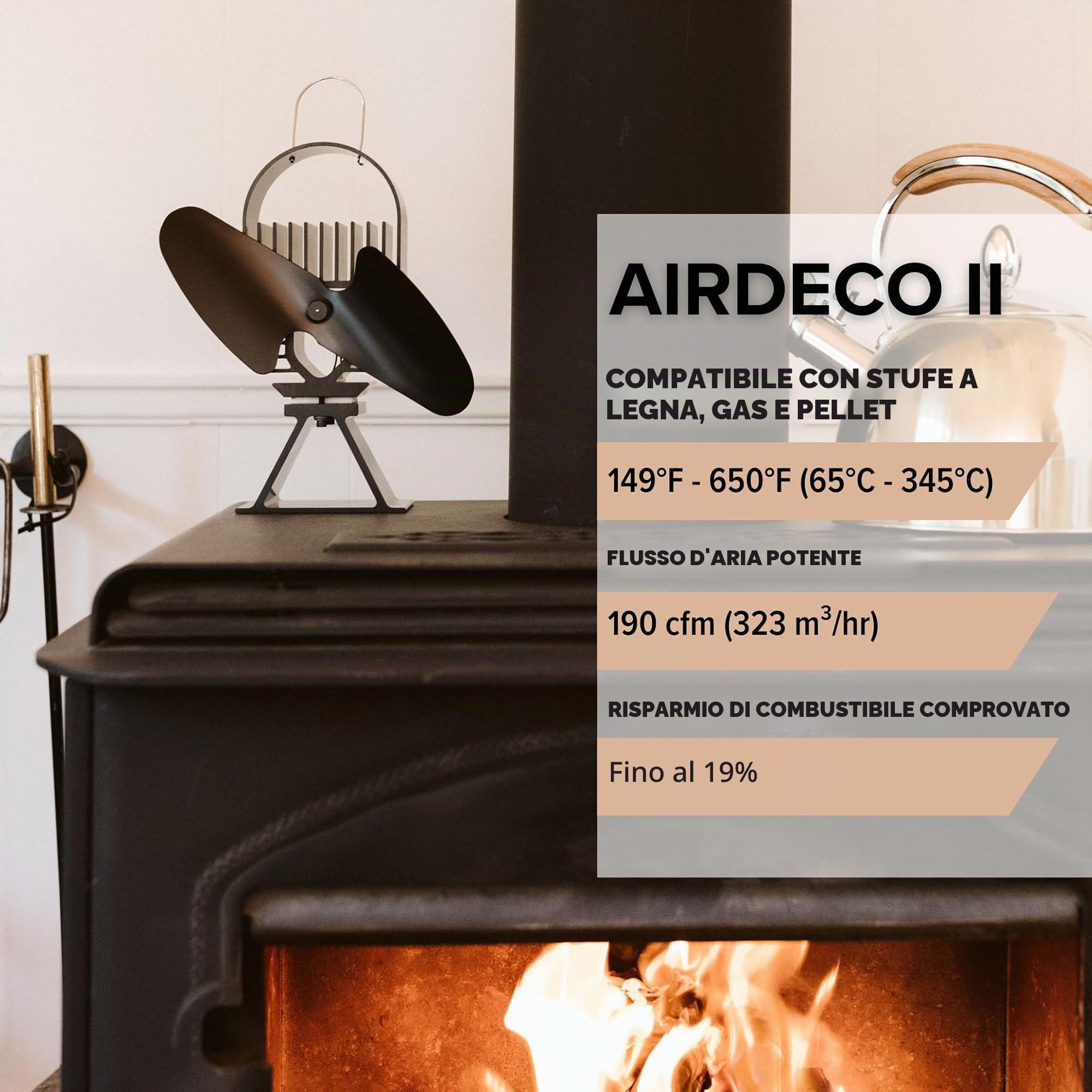 Ecofan AirDeco II, ventola per stufa a legna in stile contemporaneo, alimentata a calore, 322 m3/h, lama in nero da 20,30 cm (8")