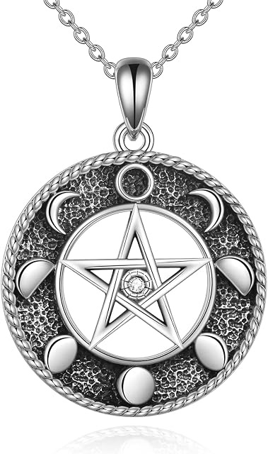 YAFEINI Pentagram Pentacle Necklace 925 Sterling Silver 7 Chakra Pendant Wiccan Star Crescent Moon Necklaces Jewellery Gifts for Women
