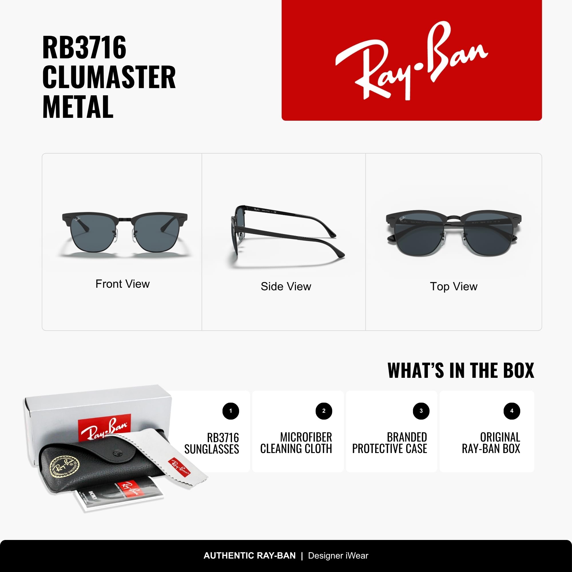 Ray-Ban Metal Clubmaster Sunglasses in Matte Black Blue RB3716 186/R5 51
