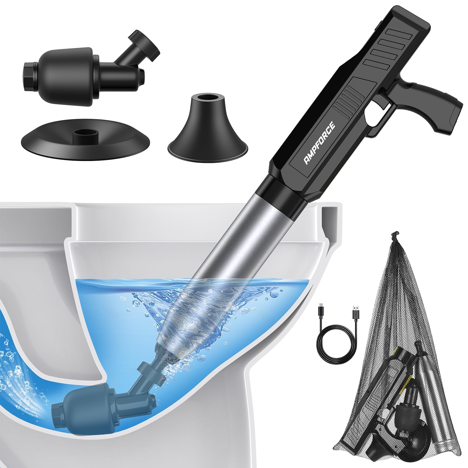 Sturalavandini Elettrico ad Aria Compressa, Stura Scarichi Professionale 1-8 BAR, Pompa a Pressione per WC, Lavandino, Doccia e Tubature, con Testa Antischiasso 120° - Nero Inchiostro