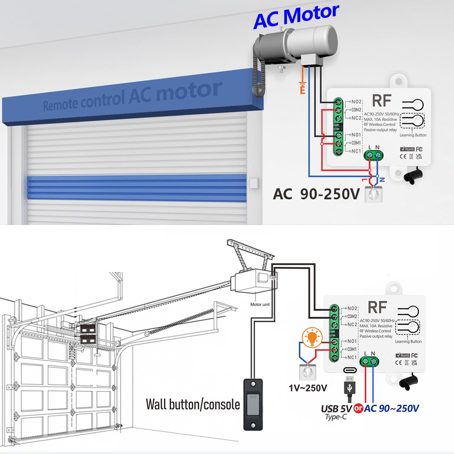 RF 433Mhz Interruptor De Controlo Remoto Inalámbrico, CA 220V 230V O DC5V 10A 2 Canales Recetor De Relé E 2 Transmissores Para Motor Porta Garagem Cortina Elétrica Luz