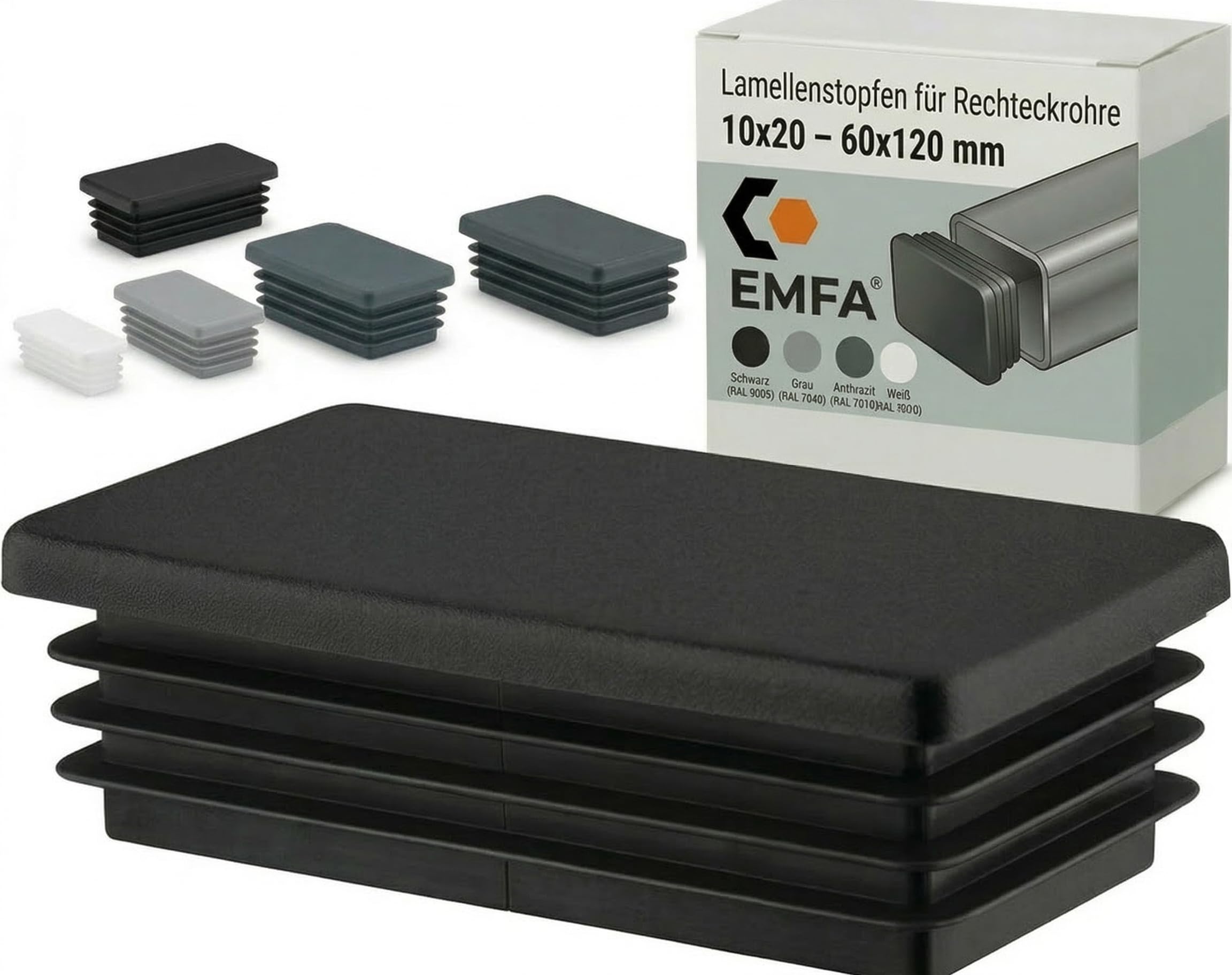 EMFA Plastic End Caps 20x10 mm – Black Rectangular Tube Inserts – Lamella Plugs for Metal Tubes and Structures – 4 Pack – 2x1 cm
