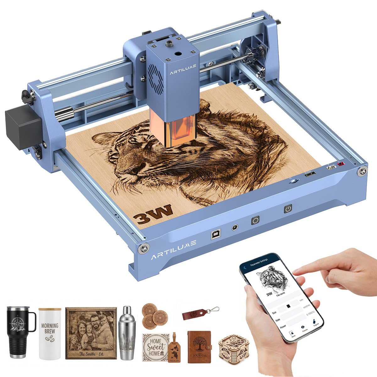 Artilume U1 Laser Engraver 3000mW APP Control & USB, 0.01mm Precision Large Working Area…