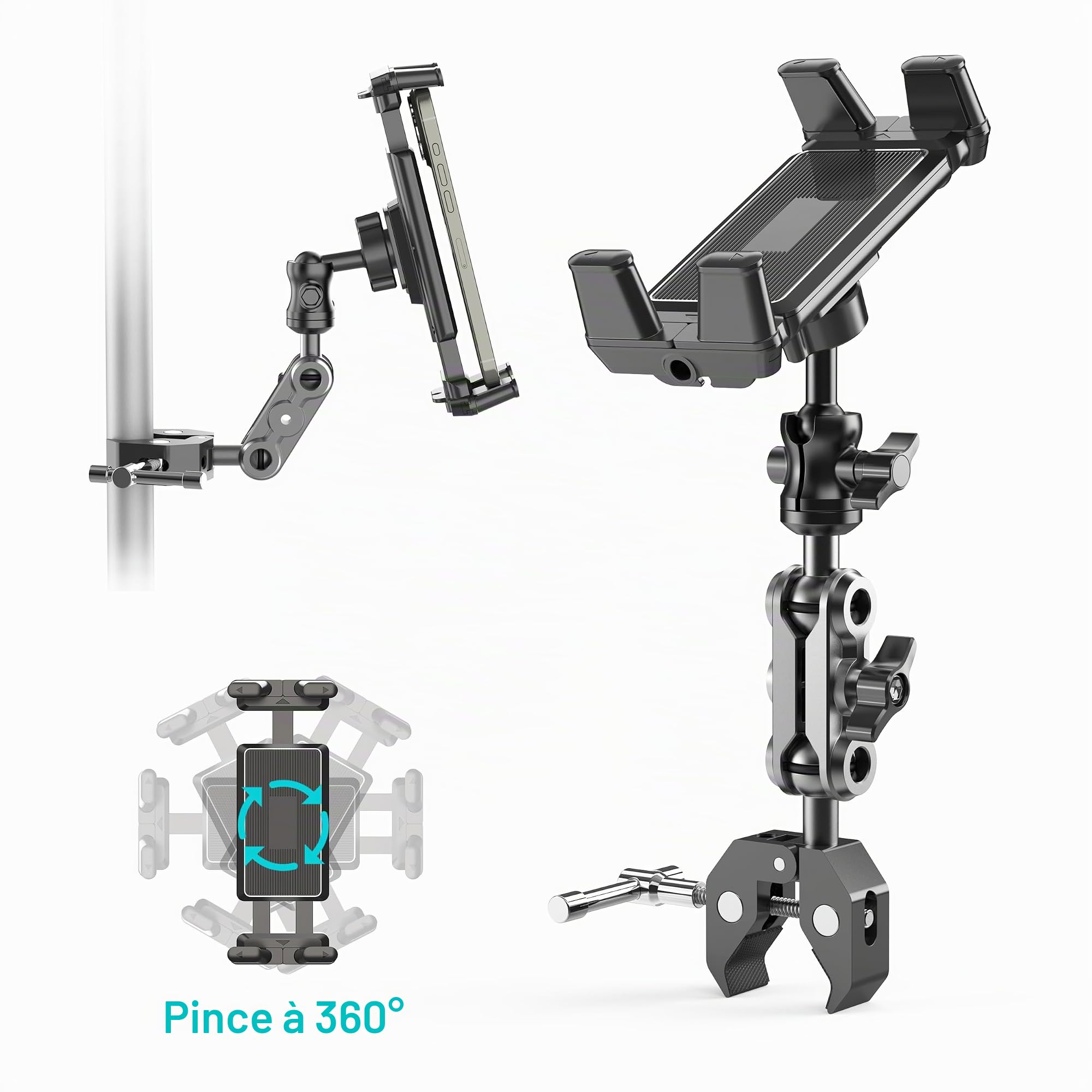 Support Universel pour Tapis de Course, vélo d'appartement, Poussette, Fauteuil Roulant, voiturette de Golf - Pince à 360° for iPad, iPhone, Smartphones et tablettes de 12 à 33 cm