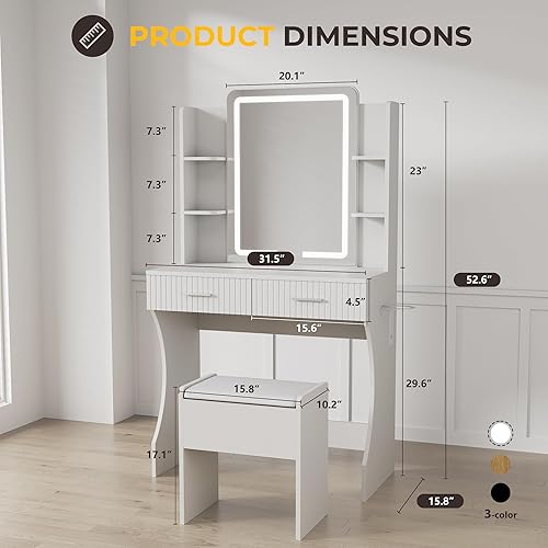 Miniatura 6 de Mesa de tocador con espejo iluminado con LED, tocador de maquillaje con 3 luces ajustables, 2 cajones grandes y 4 estantes abiertos, tocador blanco