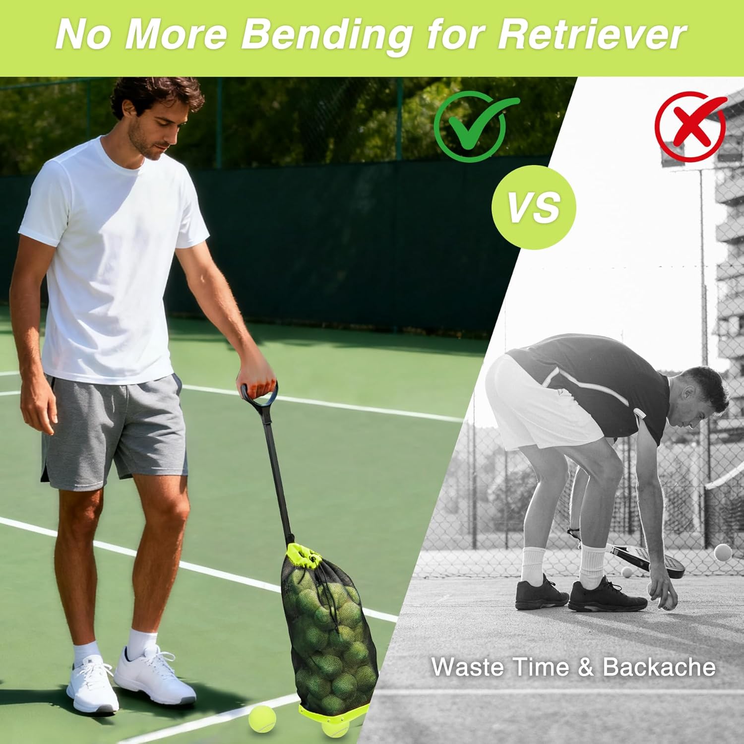 Lineslife Tennis Ball Hopper,Lightweight Pickleball Picker Upper, Holds 50+ Tennis & 40+ Pickleballs, Portable and Adjustable Height for Court Training, Green Orange Black