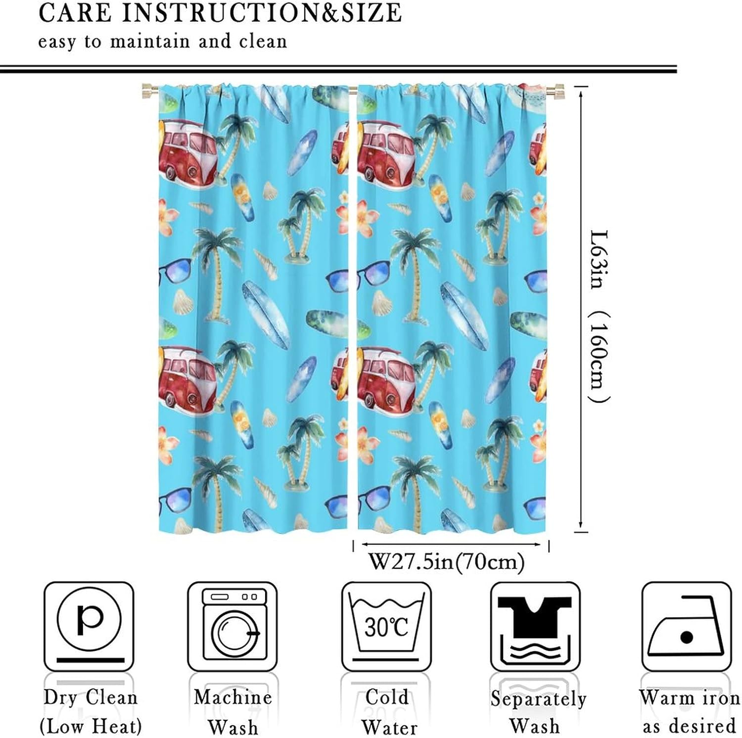Retro Summer Ocean Beach Blackout Curtains,Watercolor Coconut Tree Surfboard Camper Theme Window Curtains Rod Pocket Thermal Insulated Room Darkening Blackout Curtains 2 Panels 63L x 27.5W