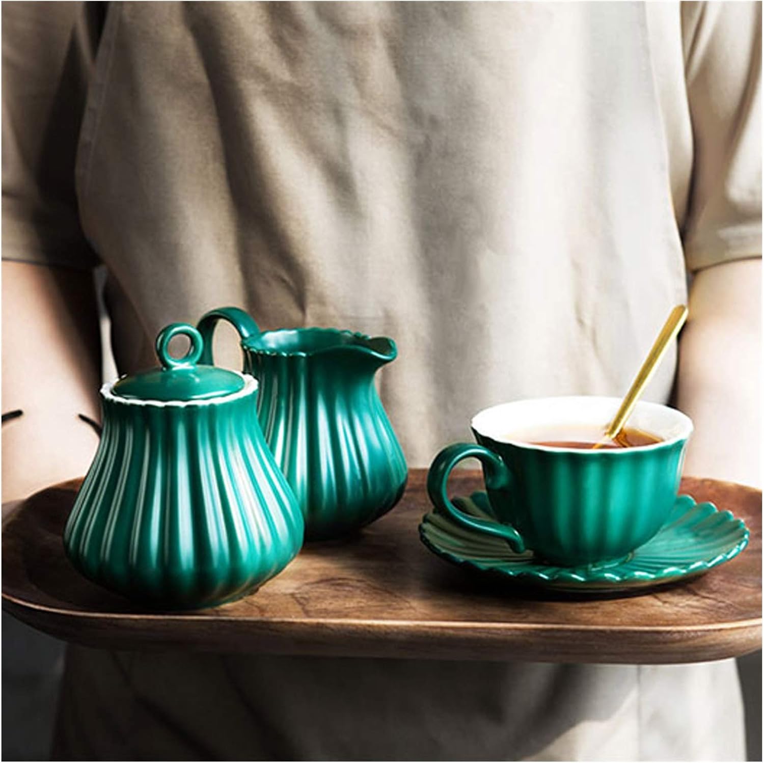 Ceramic Mini Cream Pitcher Milk Jugs Mug Sugar Bowl Small Milk Cup Coffee Set Kit with Lid 290ml/9.8oz Pumpkin Fluted Shape Salad Dressing Gravy Boat (Bianco)