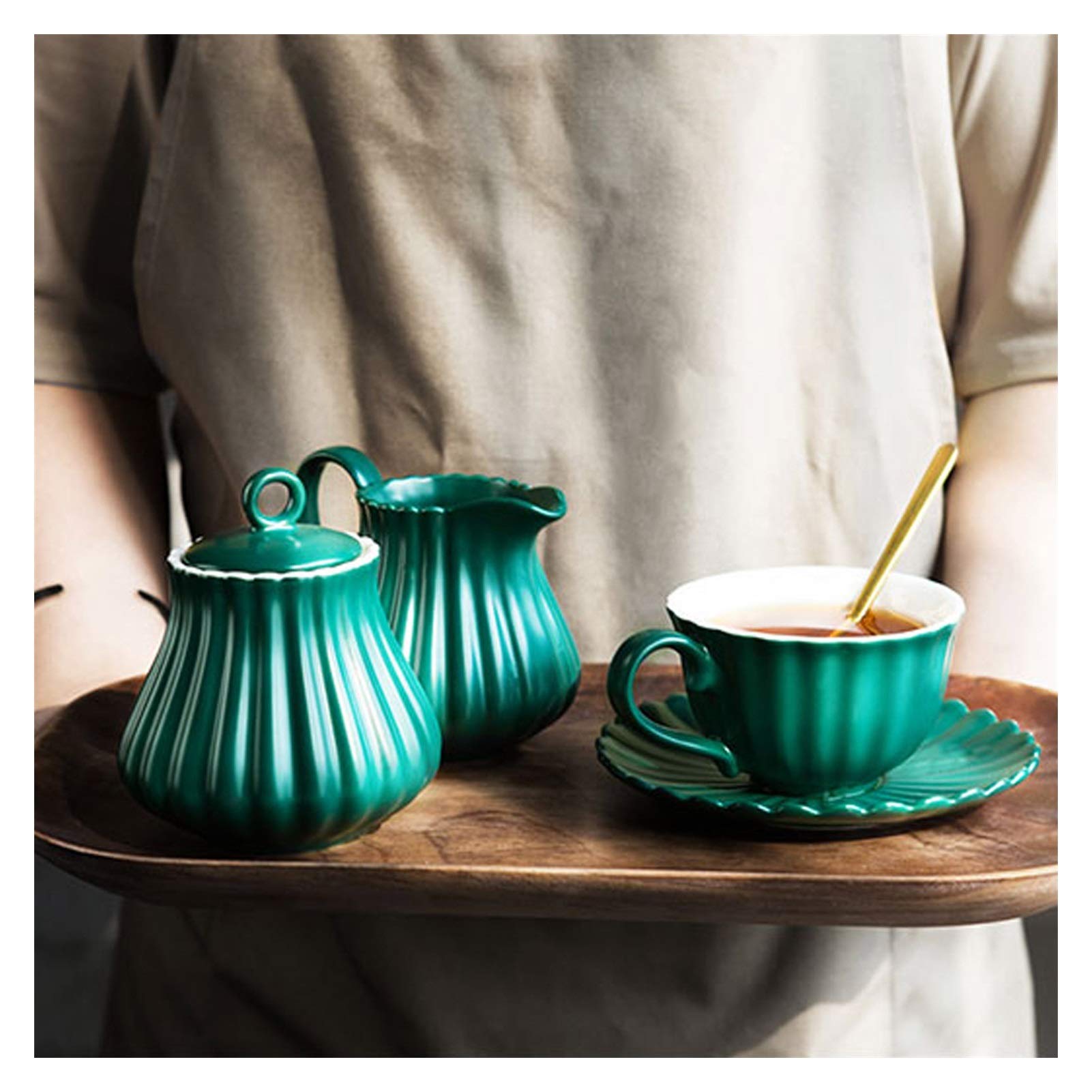 Mini pichet à crème Classique en céramique, pichet à Lait, Tasse à Sucre, Petite Tasse à Lait, Ensemble de café avec Couvercle, pichet à Sauce en Forme cannelée (Blanc) (Noir)