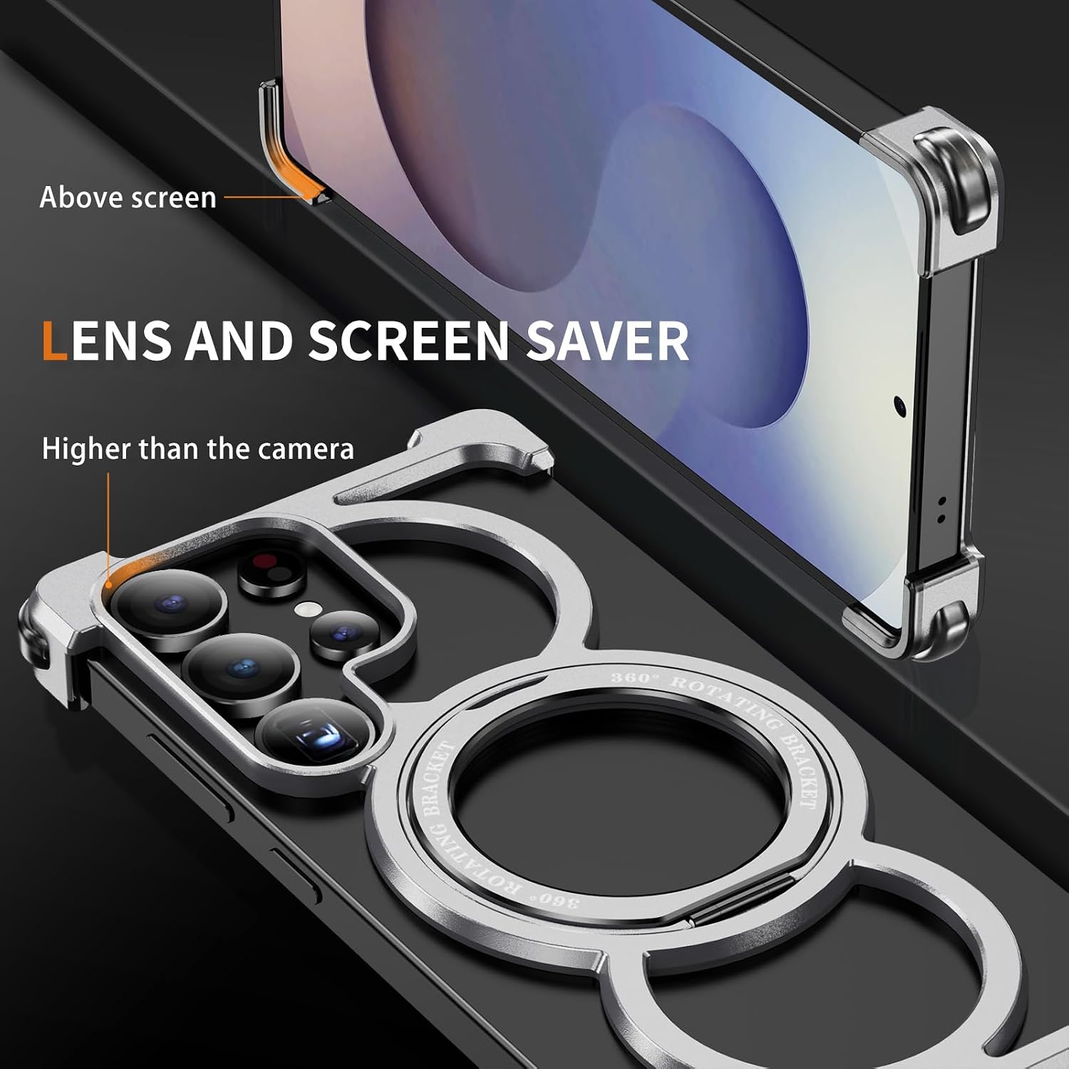 for Samsung S25 Ultra Titanium Style Military-Grade Drop Protection 360° Rotating Kickstand Ring Grip Frameless Bumper for Samsung Galaxy S25 Ultra. (Silver)