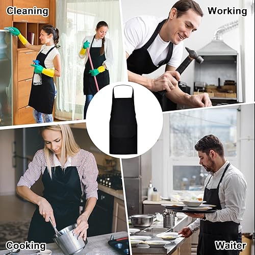 Miniatura 7 de Paquete de 12 delantales con peto, delantales negros con 2 bolsillos, delantales lisos unisex negros con lazos largos, delantales de cocina para