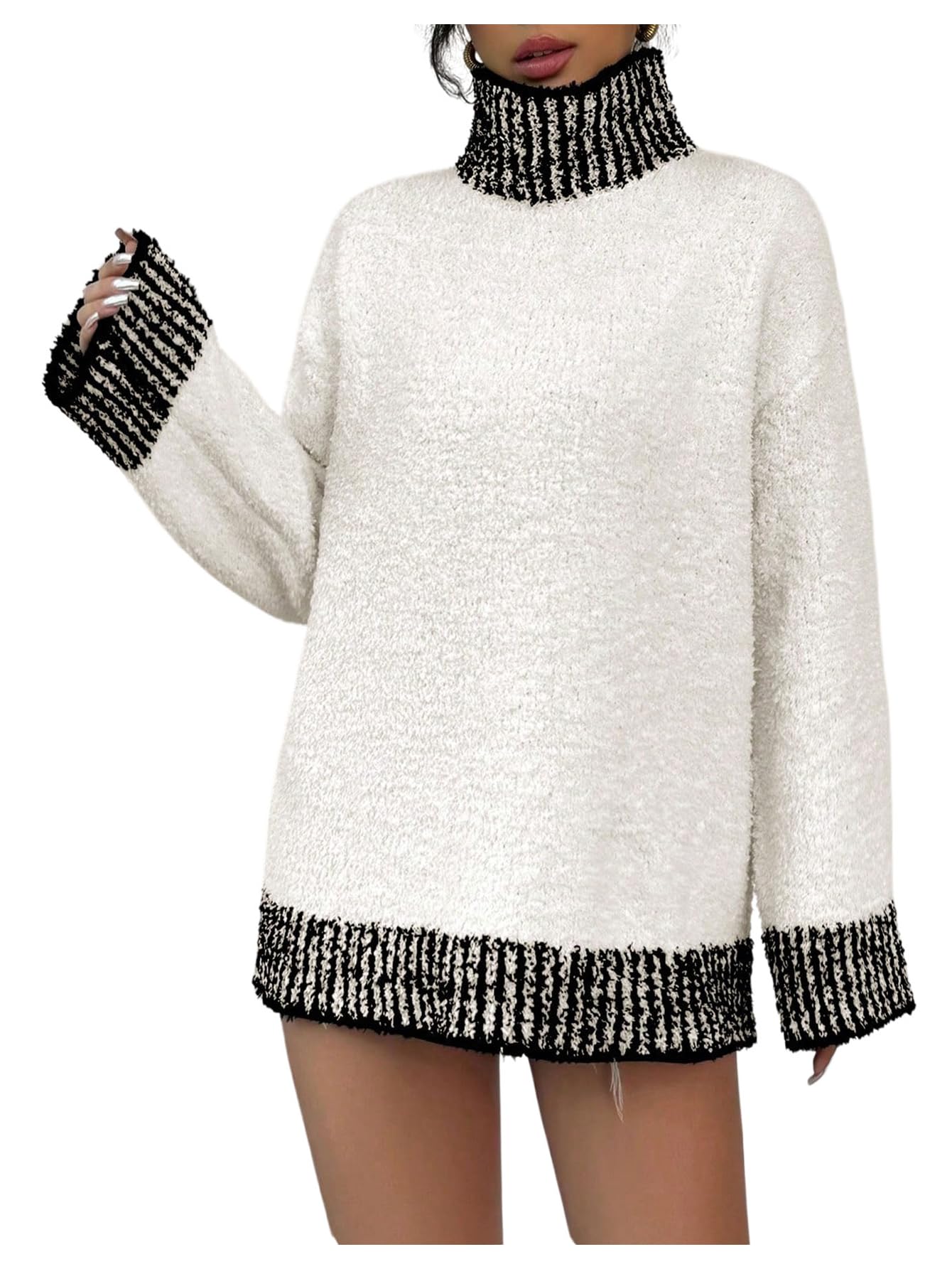 MakeMeChic Womens Striped Color Block High Neck Sweater Long Sleeve Oversized Knitted Pullover Tops