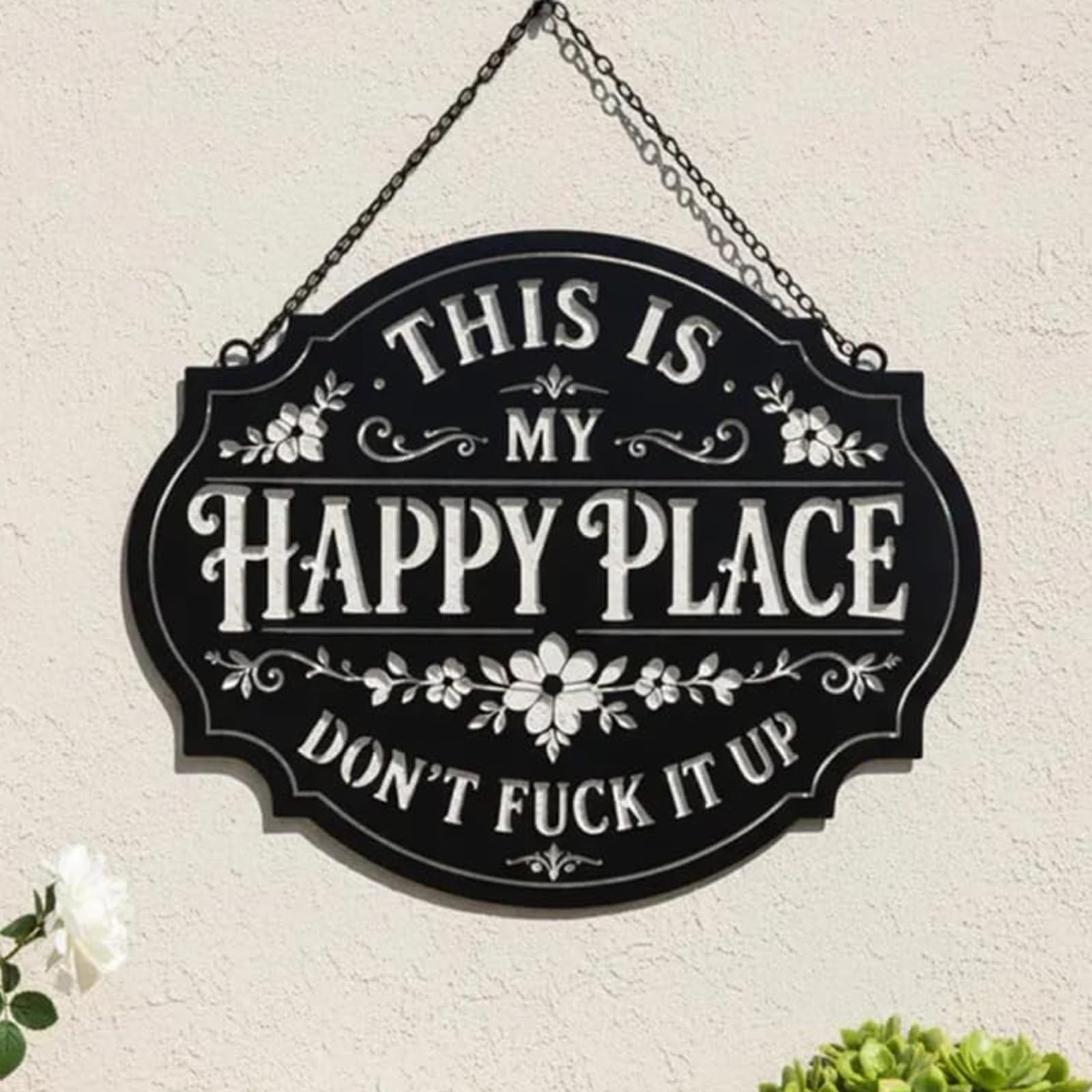 Targa da parete Sassy Happy Place, targa "Don't Fuck It Up". (#L) | Cartello da appendere floreale vintage This Is My Happy Place, cartello da parete in metallo Don't Fuck It Up