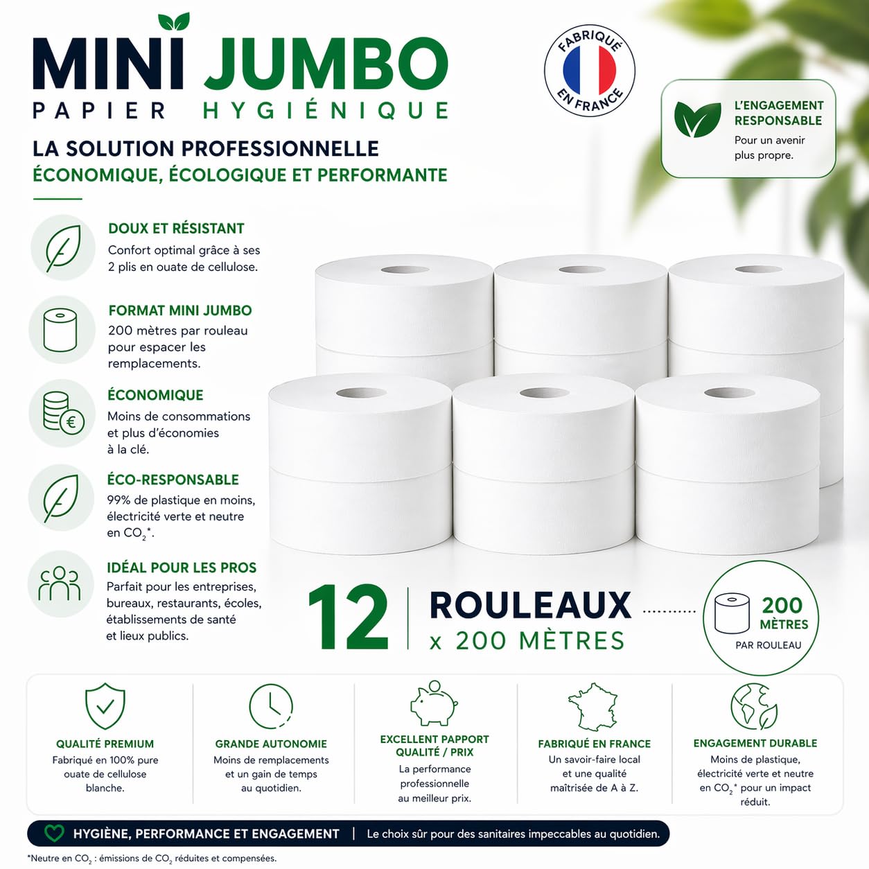 Lot de 12 Rouleaux Papier Toilette Mini Jumbo – 200 m, 2 Plis, 100% Pure Ouate de Cellulose Blanche, Fabriqué en France, Doux et Résistant - Papergooddeal,