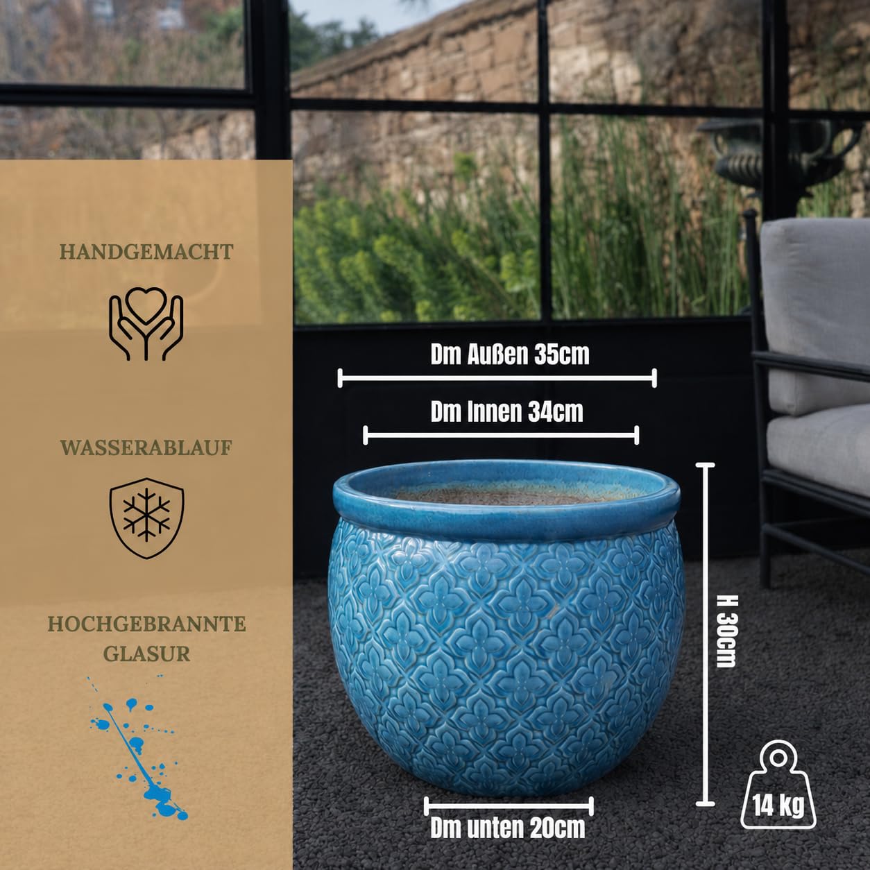 Palatina Werkstatt Azur Occitanie - Vaso per piante in ceramica smaltata, grande, turchese/blu, realizzato a mano, smaltato con foro di drenaggio, vaso resistente al gelo, per terrazza, giardino e
