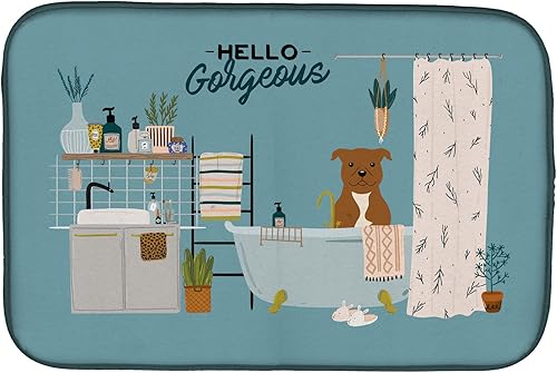 Miniatura 351 de Caroline's Treasures CK7824DDM - Tapete absorbente para secado de platos con diseño de bulldog inglés, rojo y blanco, para encimera de cocina, 14 x