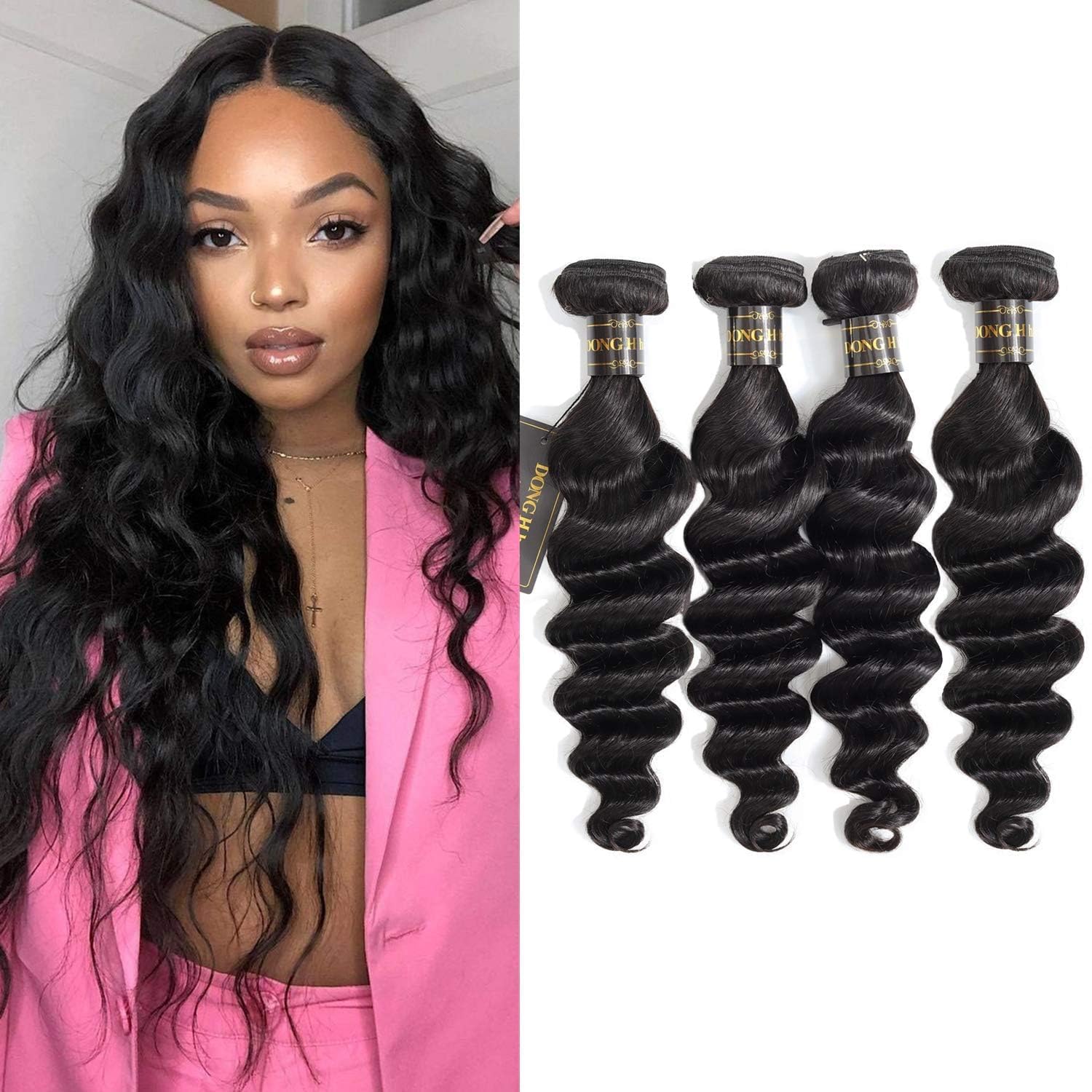 DONG H hair Loose Deep Wave Bundles 100% Unprocessed Peruvian Virgin Human Hair Bundles Loose Wave Bundles Wet and Wavy 4 bundles Human Hair Natural