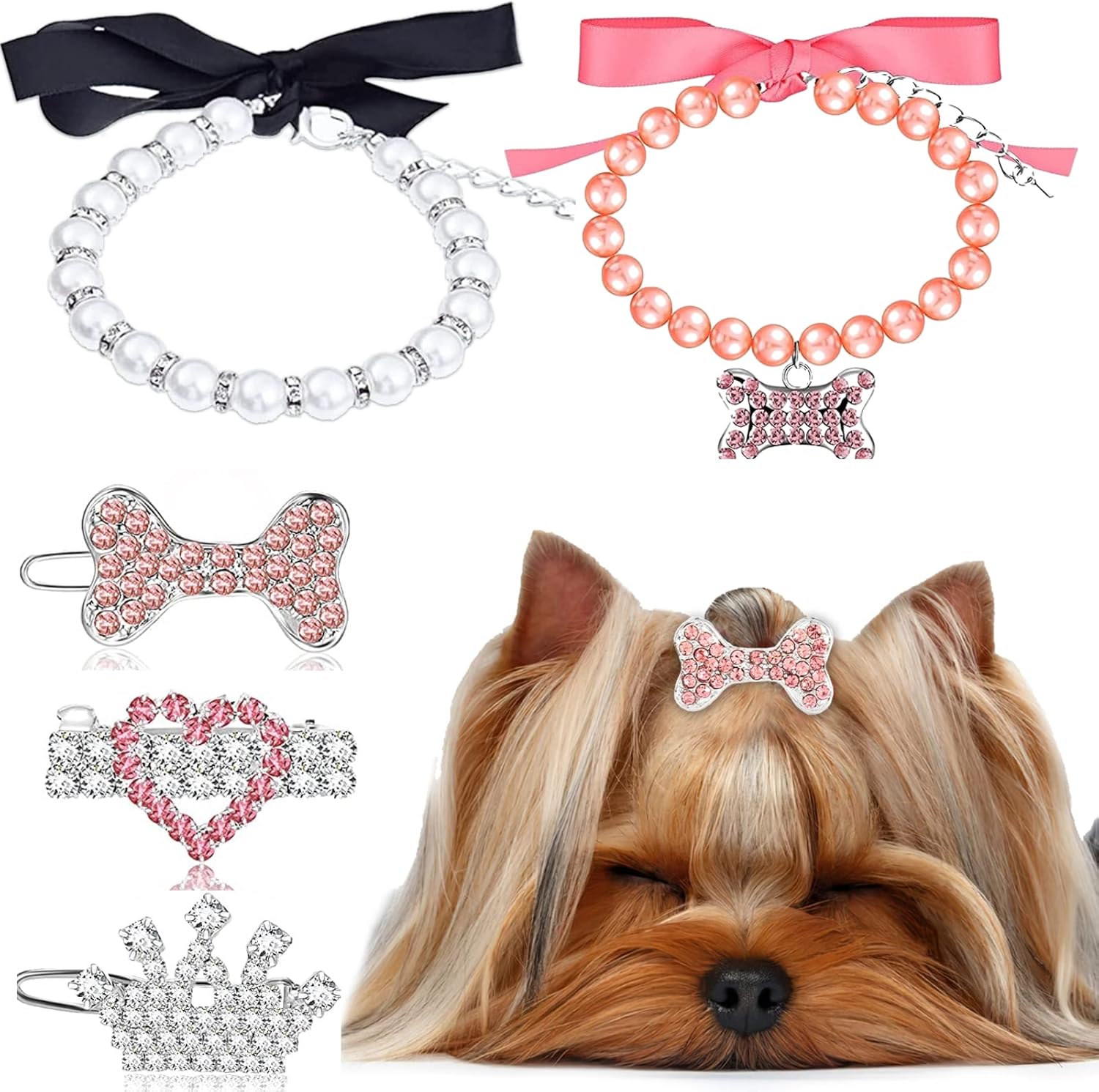 Dog Pearl Collar Dog Hair Clips Set, Diamond Dog Collars