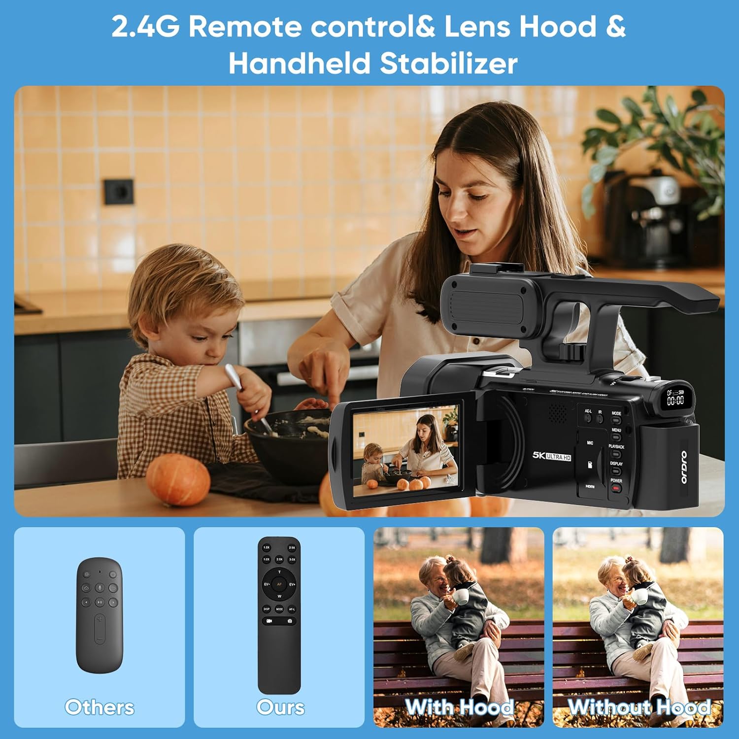 ORDRO Video Camera Camcorder with 12X Optical Zoom-5K 30FPS Camcorder 48MP Photo, Vlog Camera with Handheld Stabilizer & Lens Hood 3.5” Touch Screen for Photography YouTube