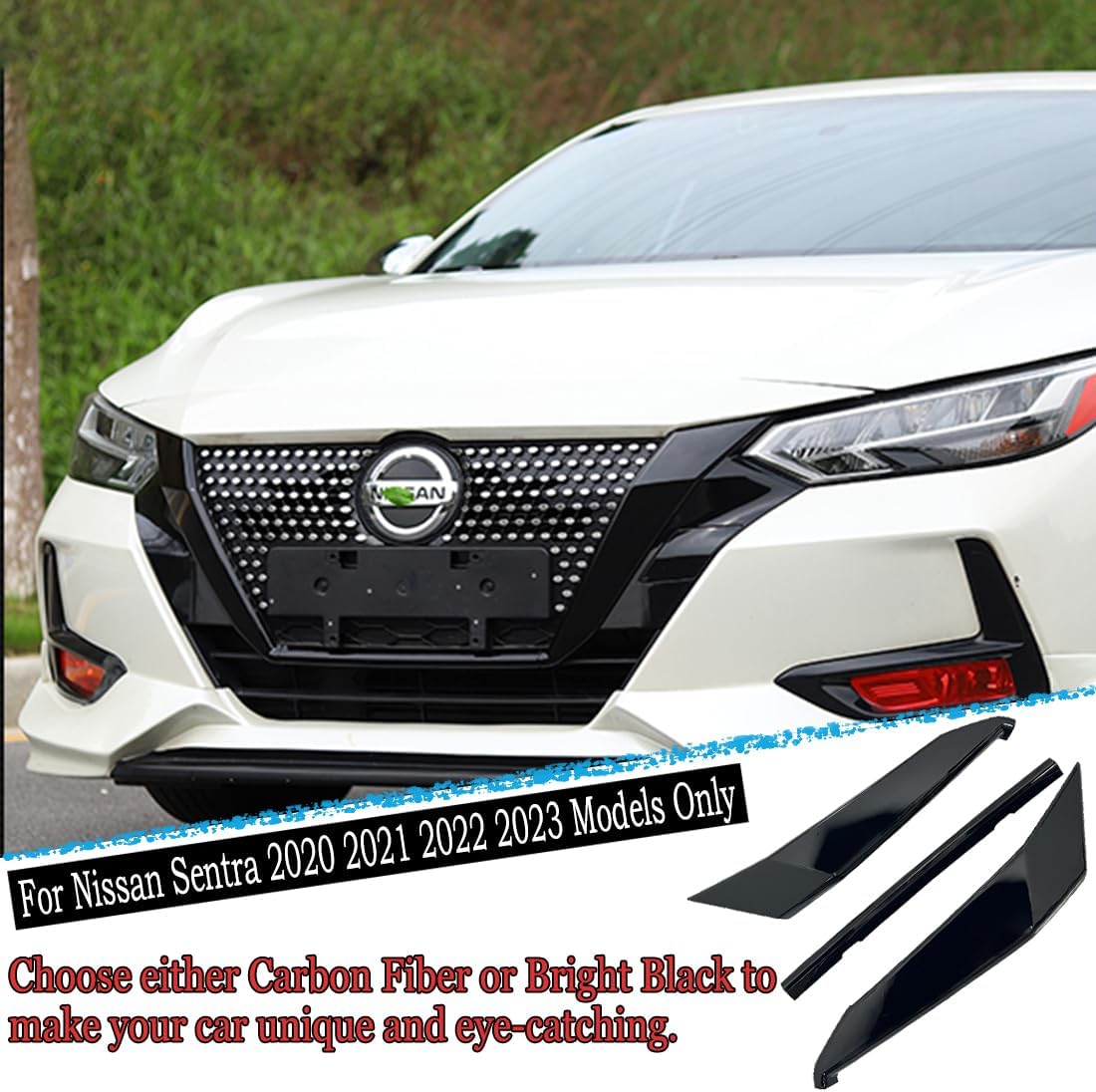 Front Grill Cover Trim,MUXEE For Nissan Sentra 2020 2021 2022 2023，3PCS Grille Chrome Delete Vinyl Overlay Trim Accessories -Bright Black