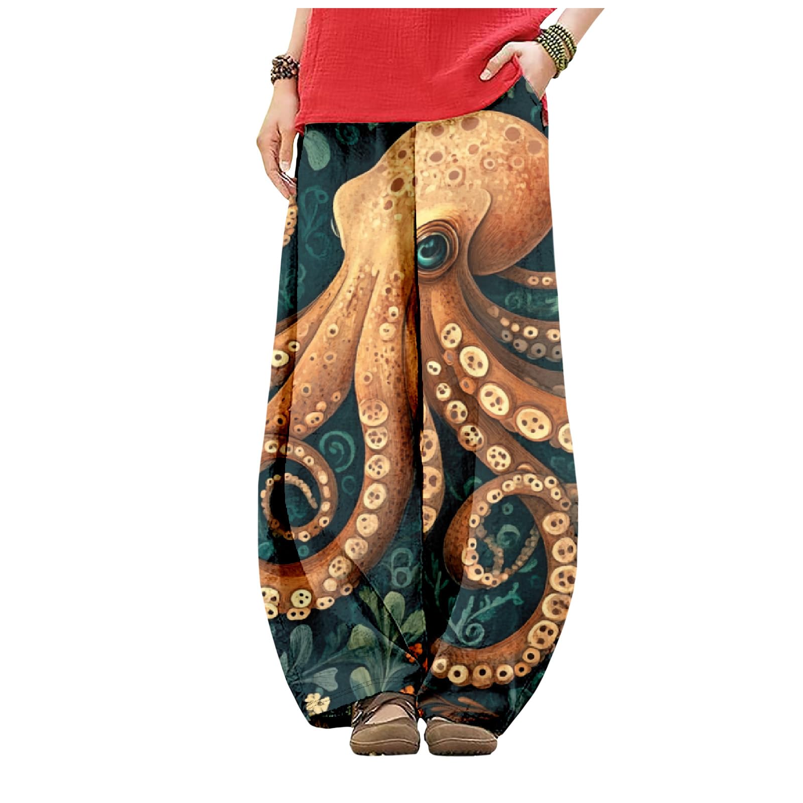 Octopus Pants for Women Oil Painting Wide Leg Pants Elastic Waist Lantern Trouser Cotton Linen Baggy Palazzo Pants