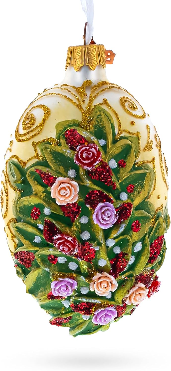 Embossed Roses Bouquet Glass Egg Ornament 4 Inches