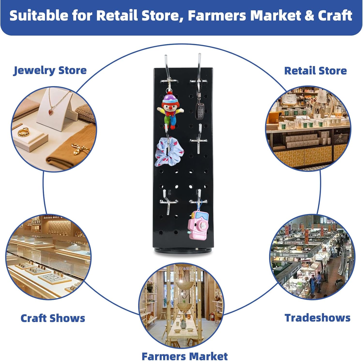 Rotating Pegboard Stand with 20 Peg Hooks 4-Sided Pegboard Spinning Display Stand 4 x 4 x 12 Inches, Keychain Display Stand for Retail Display, Earring Display (Black)