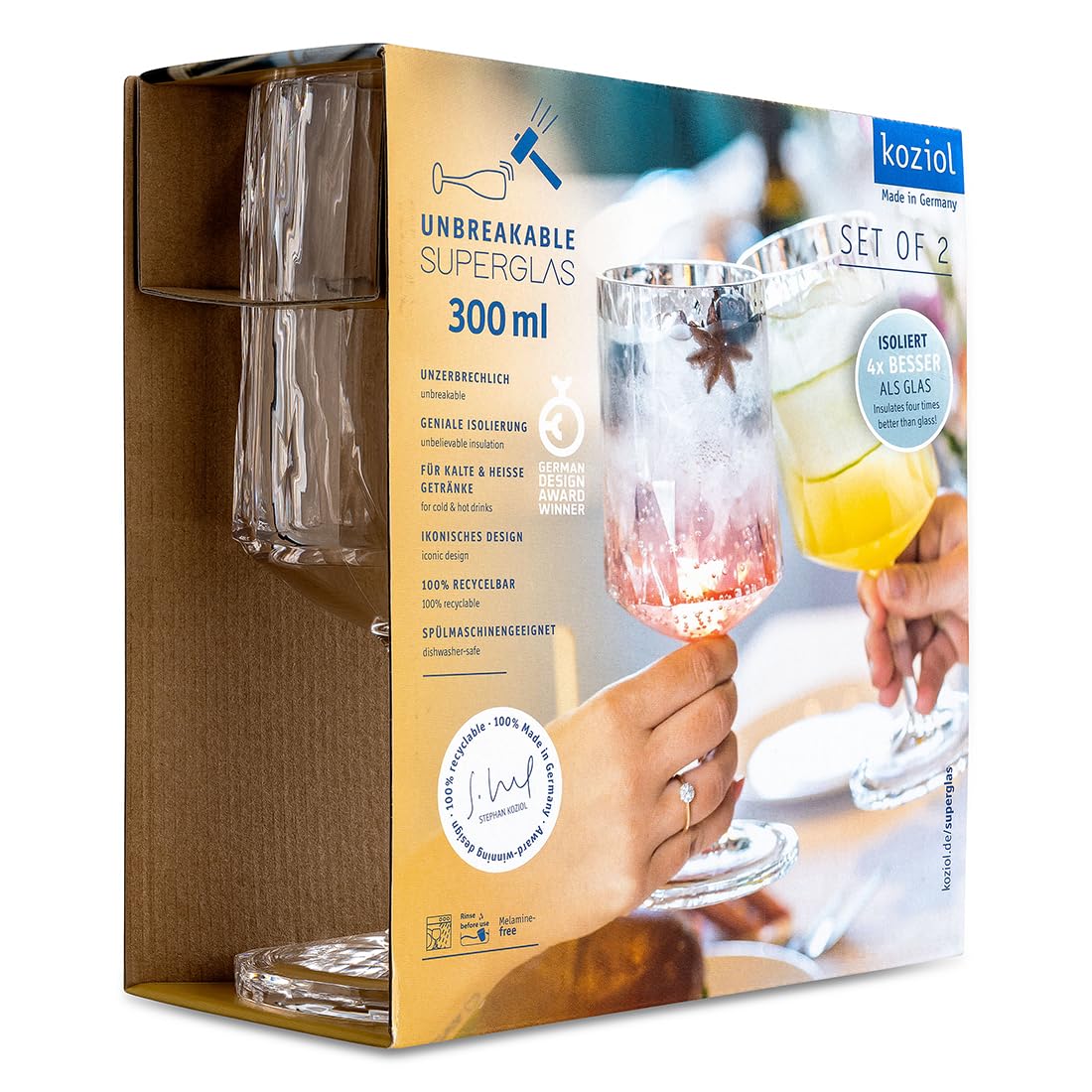 Koziol Superglas Club No. 4, 2 pezzi, 300 ml, bicchieri da vino e aperitivo con manico in plastica trasparente, lussuosi, infrangibili, riutilizzabili, feste, campeggio, set da 2 (grigio trasparente)
