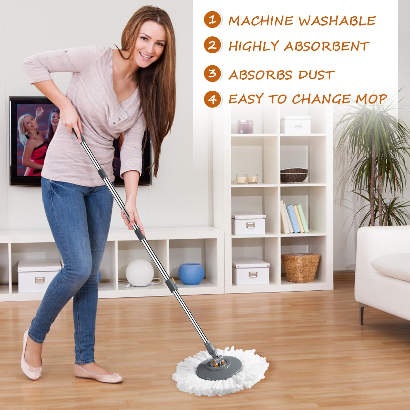 Rainberg Spin Mop und Eimer Set mit 3 extra Köpfen, 130 cm ausziehbarer Griff, maschinenwaschbare Mikrofaserköpfe, selbstauswringendes System, Grau und Orange (Spin Mop Set)