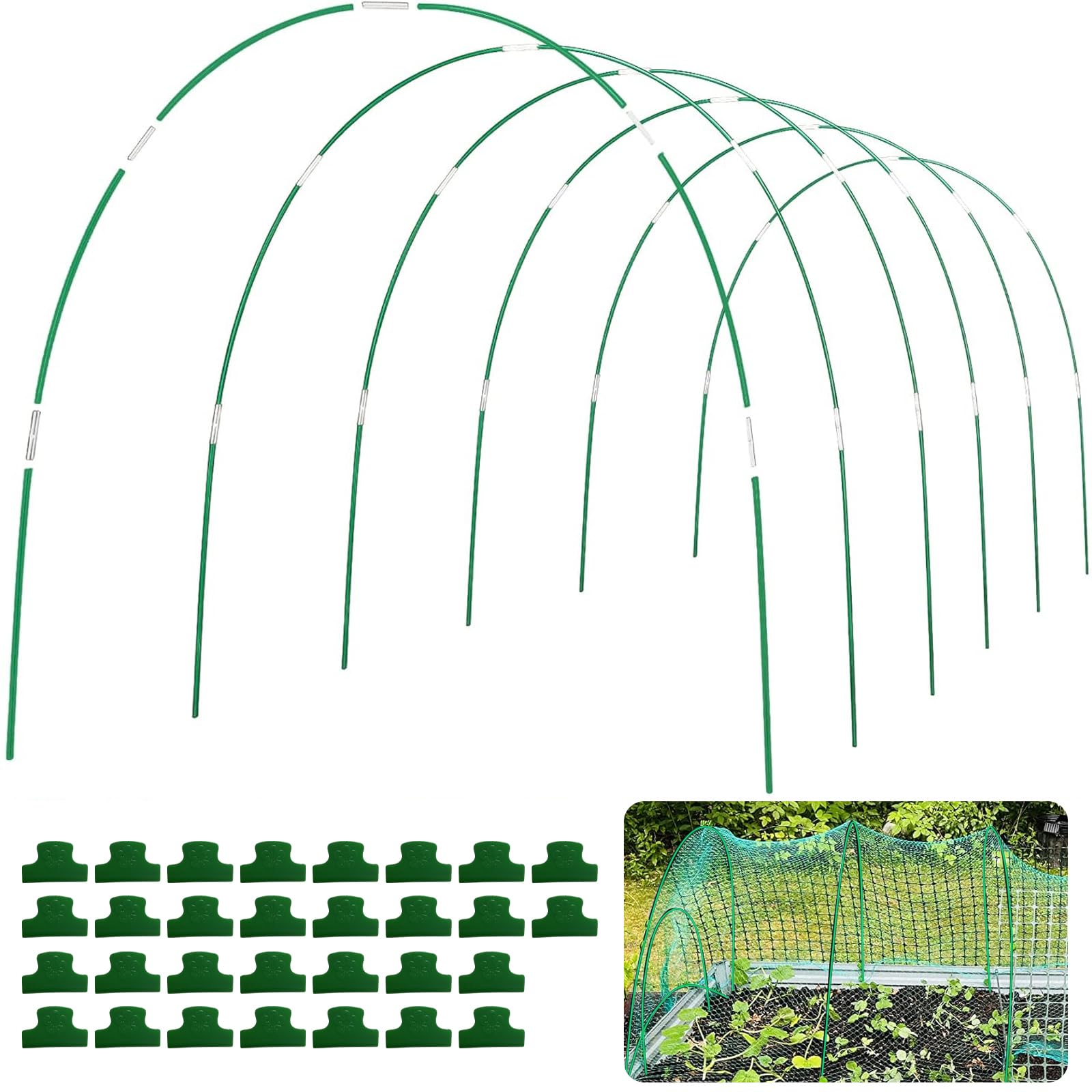 Aros de jardín para camas elevadas, 60 piezas, 10 juegos de aros de invernadero de 8 pies de largo, túnel de cultivo, fibra de vidrio sin óxido, marco para red de jardín, cubierta de hilera