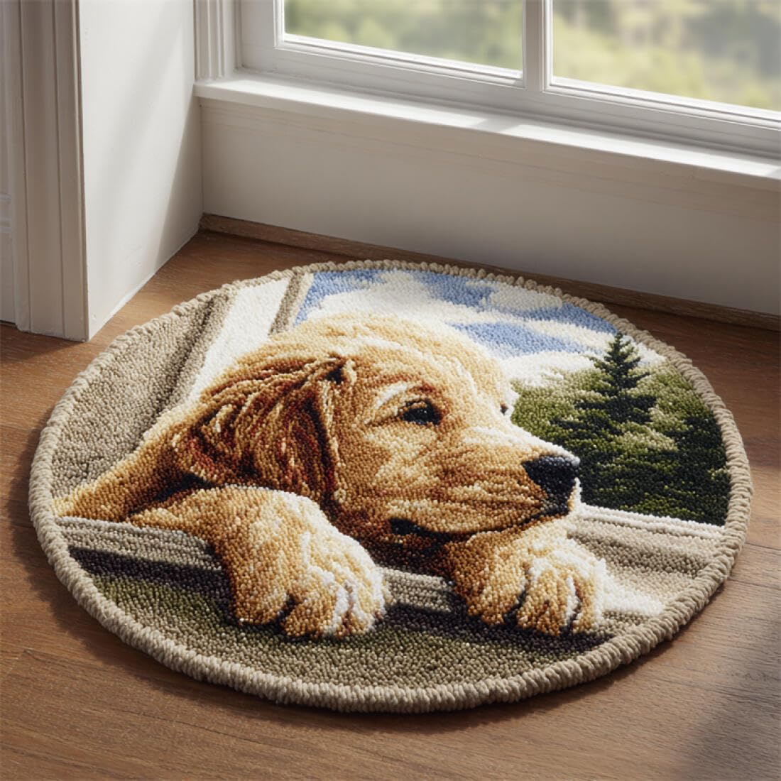 Rqwybcaxn DIY Rug Latch Hook Kits for Adults Animal Needlework Kit Dog on the windowsill 50x50cm Round Large Rug Making Kits Living Room Handmade Gift