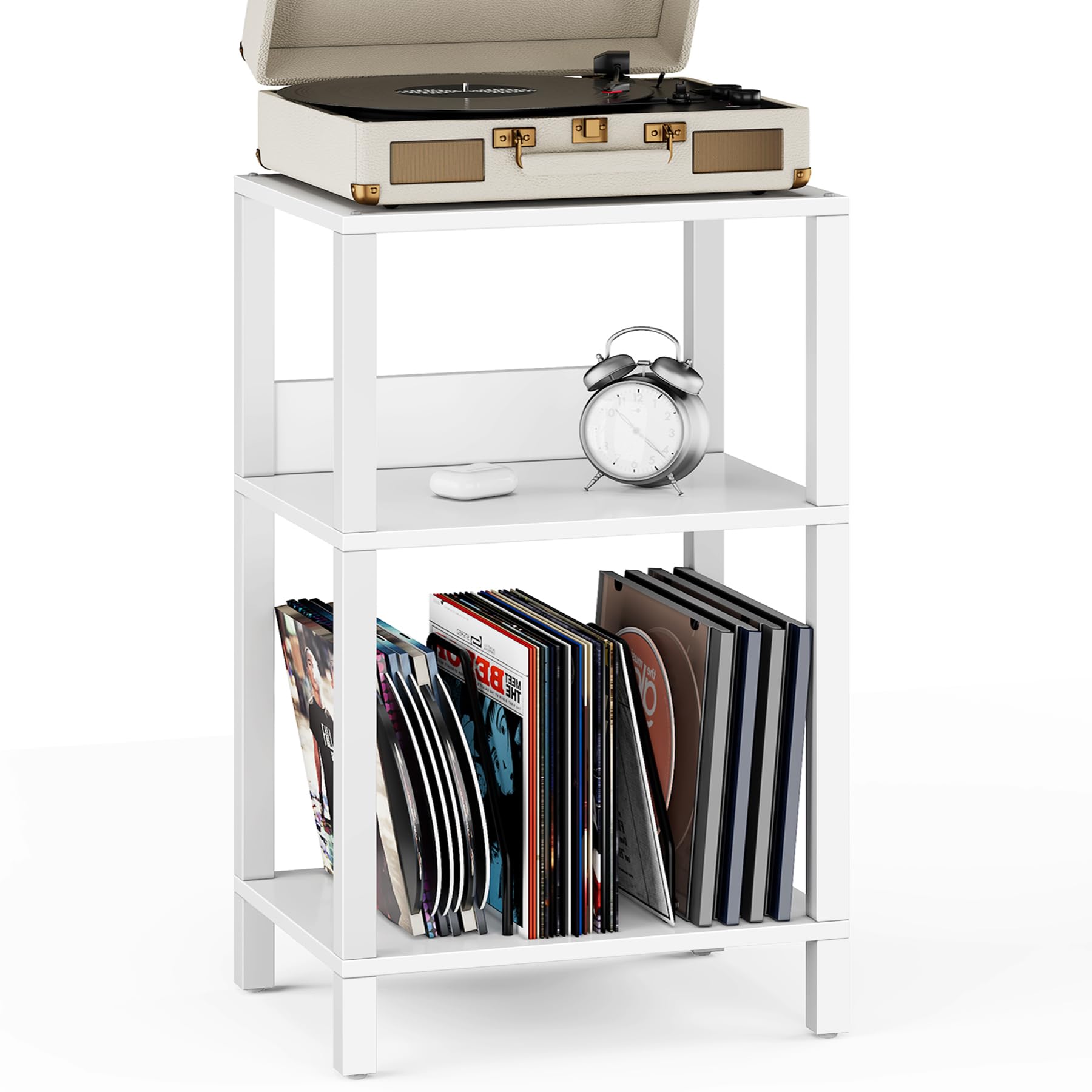 TUTOTAK Record Player Stand with Storage Up to 100 Albums,Record Storage Table,3 Tier End Table,Side Table for Living Room, Bedroom, White TB01BW075