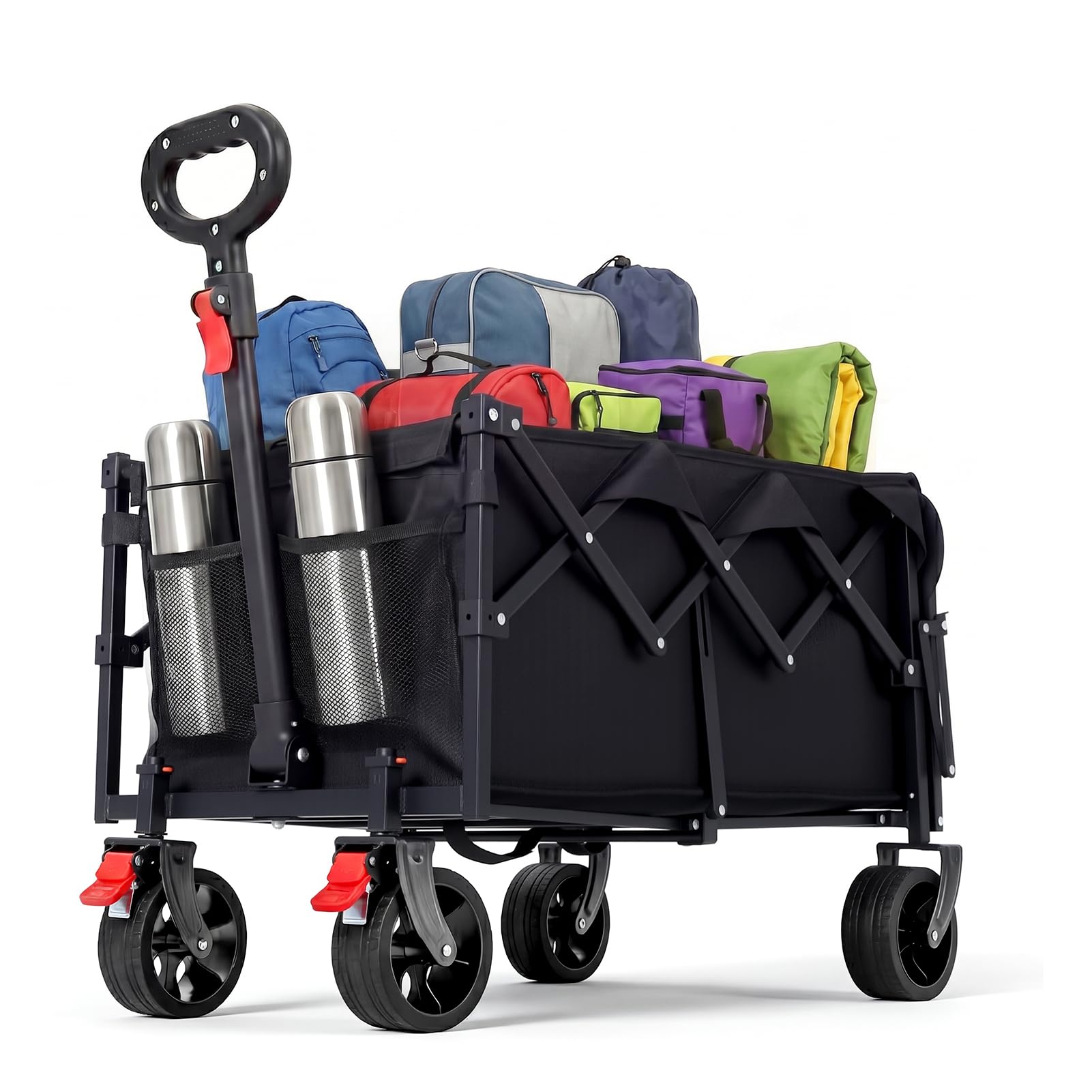 HAUSPROFI Bollerwagen Faltbar 80-100L 100KG Tragkraft, Faltbarer Bollerwagen Geländetauglich mit Bremsen, All-Terrain, Seitentasche und Getränkehalter, für Outdoor, Camping, Garten und Einkaufen