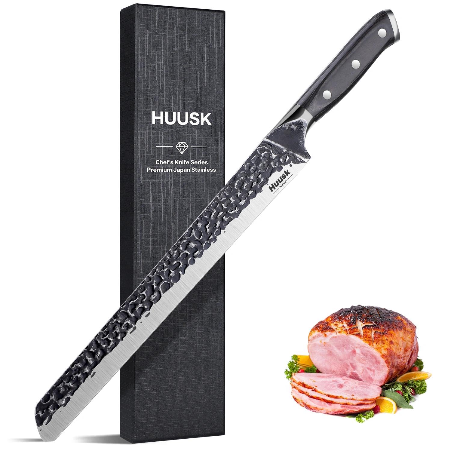 Huusk Japan Knife, Brisket Knife 11.6 Inch Premium Slicing Knife Hand Forged Meat Cutting Knife Long Japanese Kitchen Knives Meat Carving Knife for Slicing Meats Ribs Roasts BBQ Christmas Gifts Idea