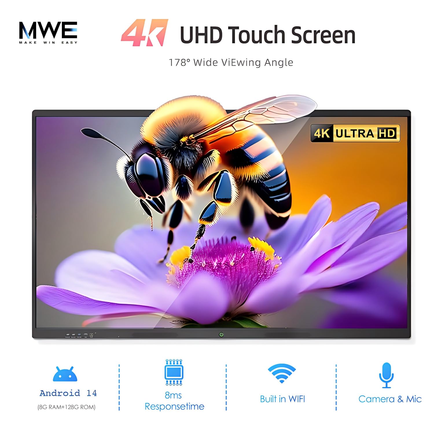55-Zoll-Smartboard, interaktives Whiteboard, 4K-UHD-Touchscreen, Android 14, 8 + 128 G, All-in-One-Smartboard für Klassenzimmer, Büro, Zuhause (Wandhalterung im Lieferumfang enthalten)
