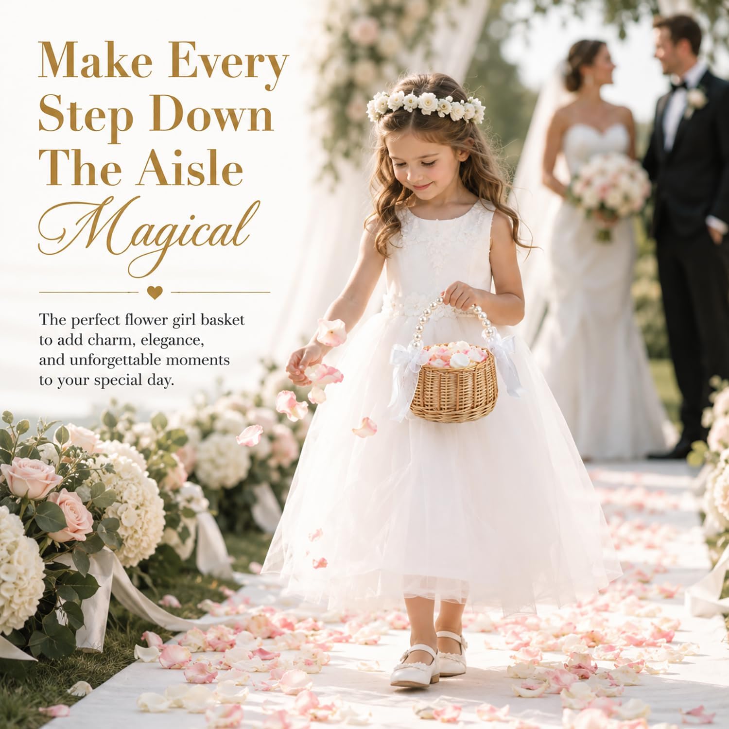 2 PCS Flower Girl Basket, Wicker Wedding Baskets with Pearl Beaded Handle & Double Tulle Bow, Large and Small Flower Petal Baskets for Wedding Ceremony, Bridal Shower, Engagement Party Decor
